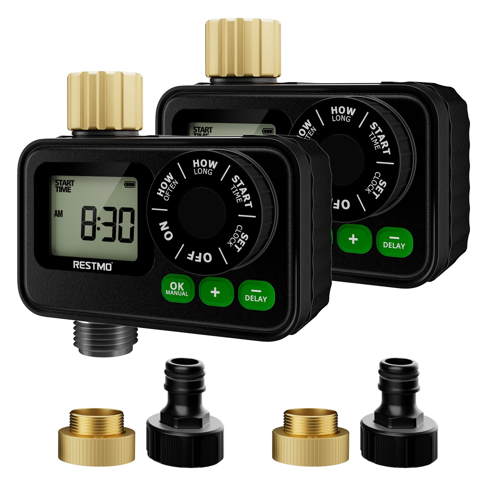 [2 PACK] RESTMO Automatic Garden Watering Timer with Rain Delay/Manual/Automatic Watering System for Outdoor Faucet, Garden Sprinkler, Yard and Lawn