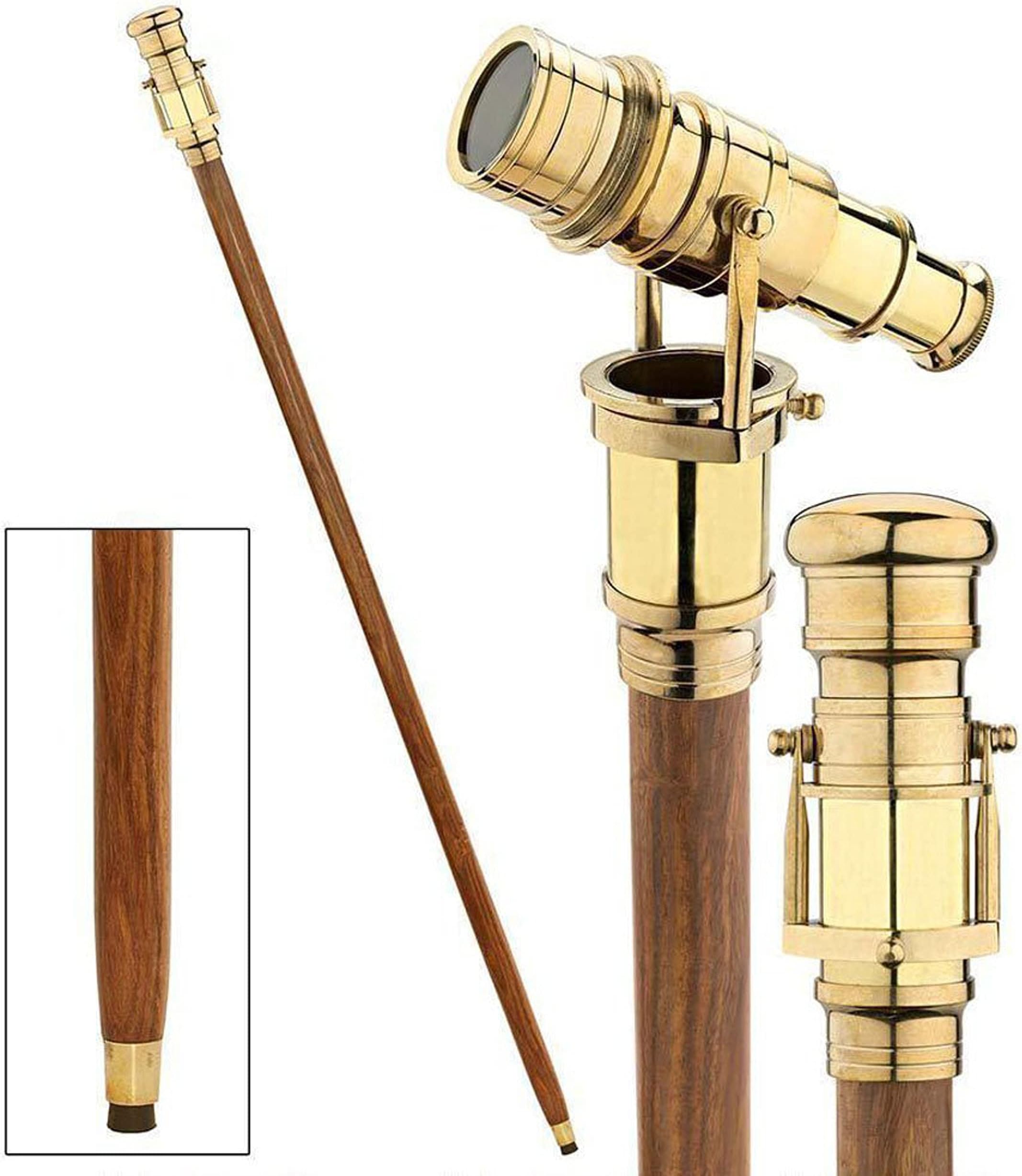 5MOONSUN5's Brass Walking Stick Vintage Handle Victorian Telescope Head Foldable Steampunk Accessories Wooden Walking Stick Cane for Men and Women