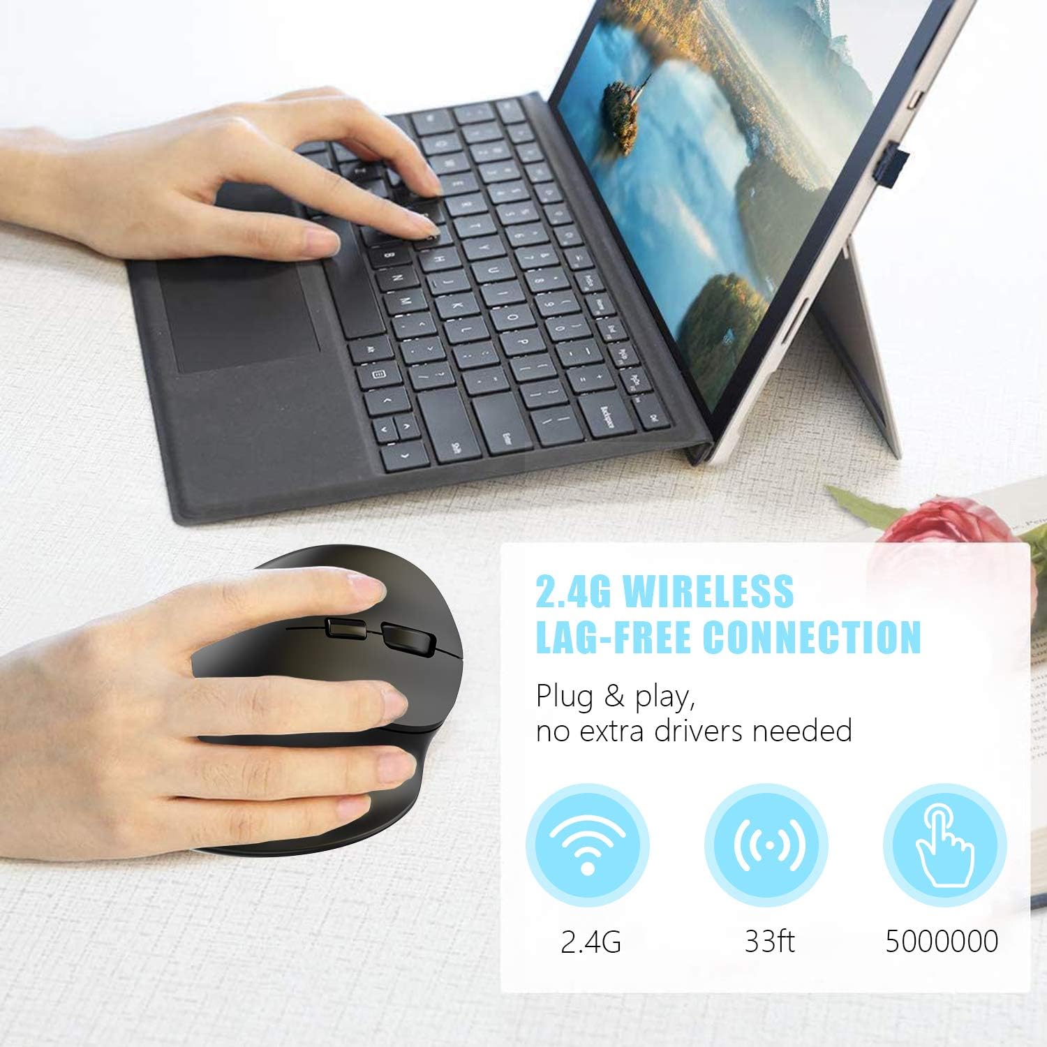 Wireless Vertical Ergonomic Mouse - BPBZONE Rechargeable 2.4GHz Optical Ergonomic Mice : 3 Adjustable 800/1200/1600 DPI 6 Buttons, for Laptop, PC, Computer, Desktop, Notebook etc, Black