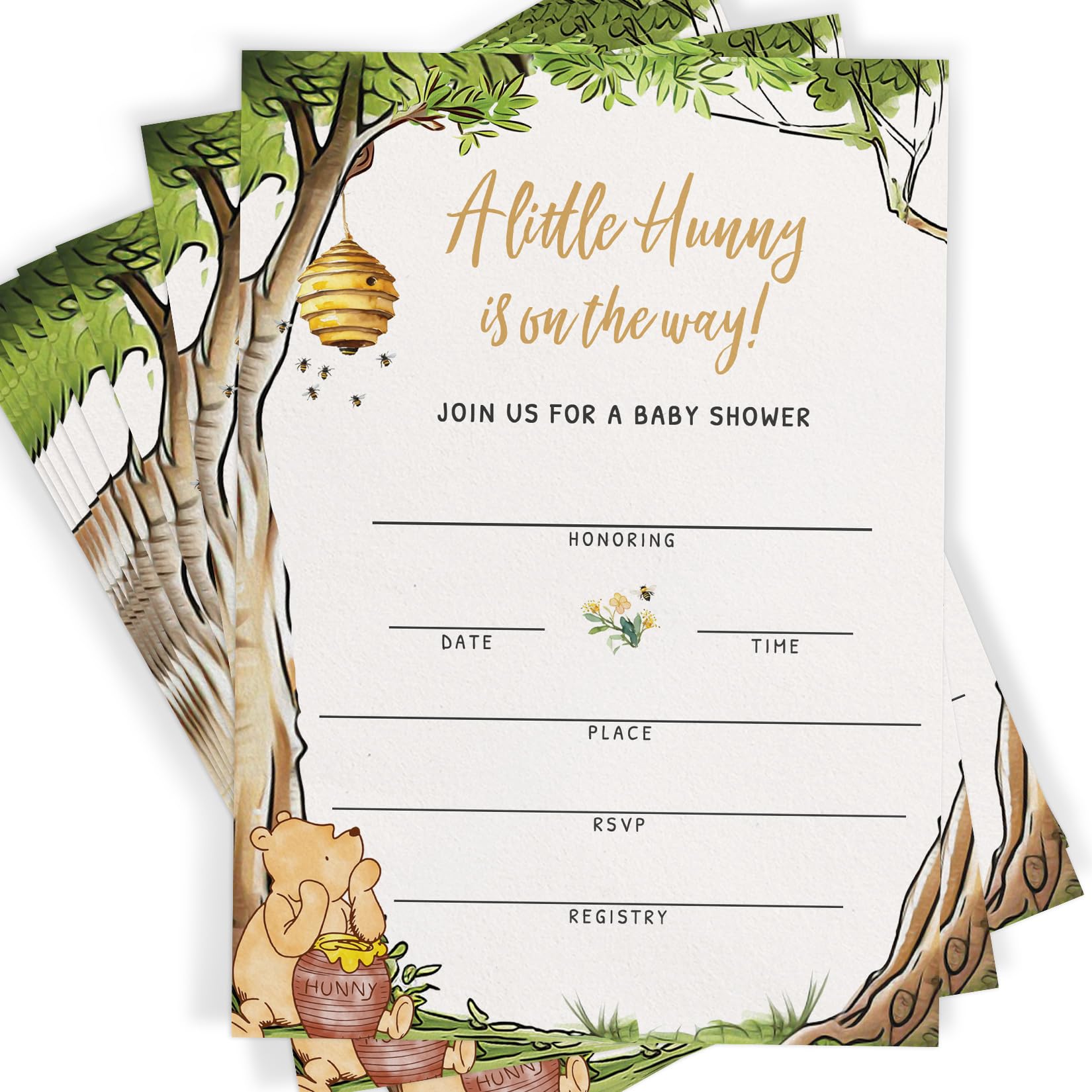 Printed Party Winnie Baby Shower Invitations with Envelopes – Classic Pooh Theme, Gender Neutral Storybook Design for Baby Boy or Girl, Set of 30
