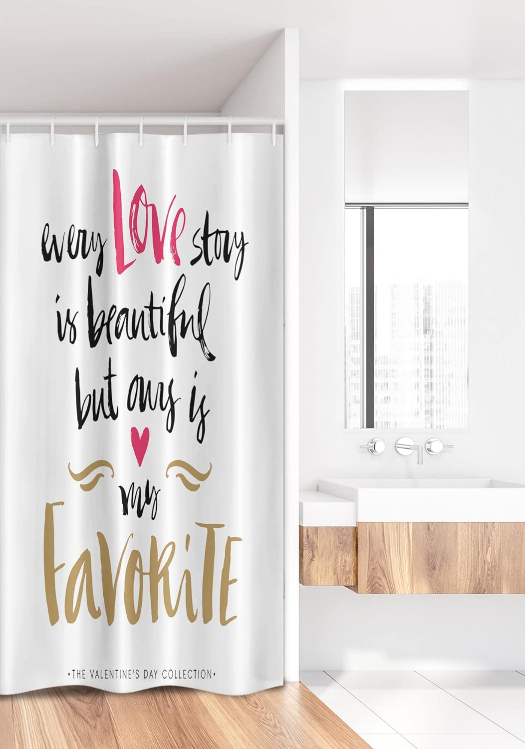 Ambesonne Valentines Day Stall Shower Curtain, Every Love Story is but Ours is My Romantic Idea, Fabric Bathroom Decor Set with Hooks, 36" W x 72" L, White Black Pink