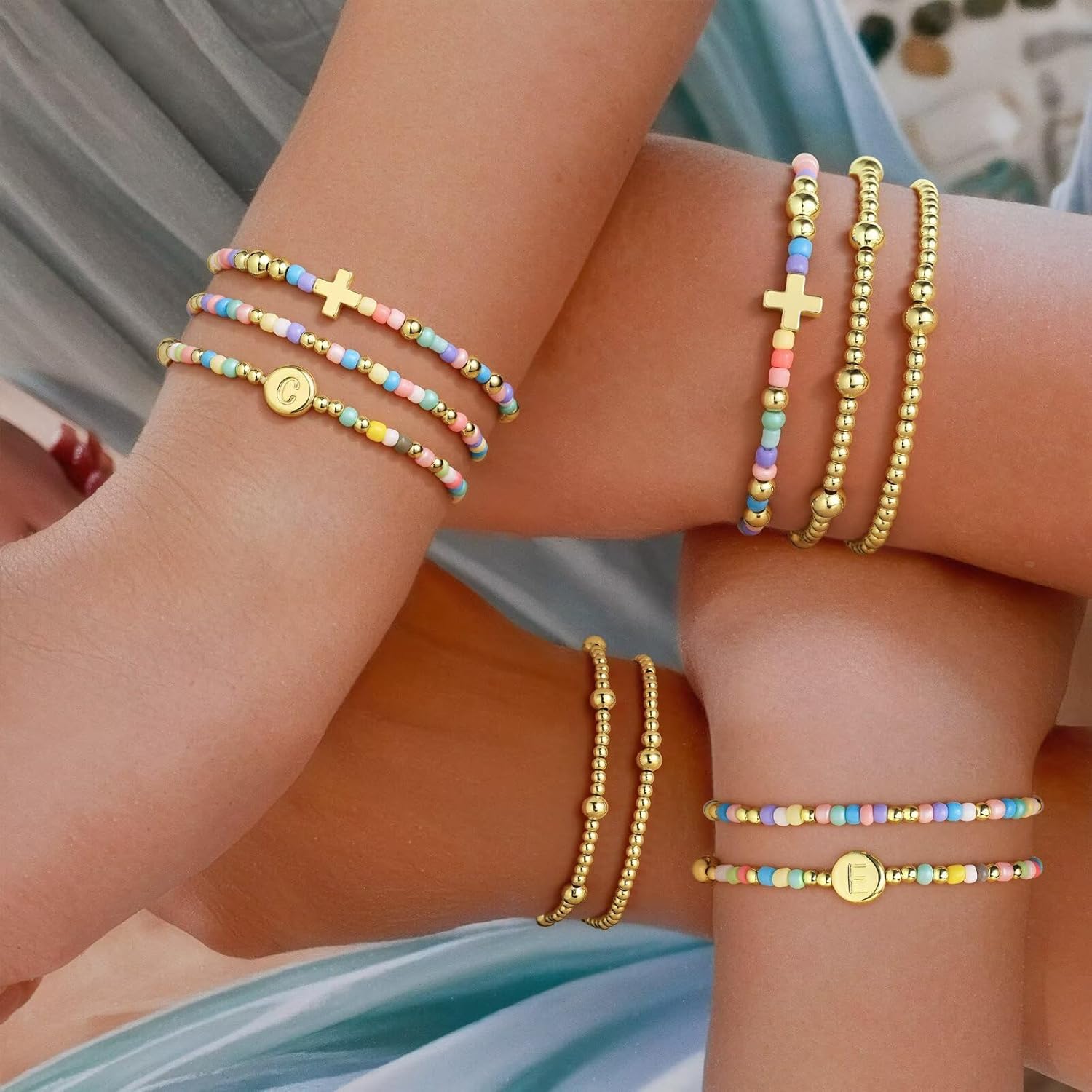 M MOOHAM Valentines Gifts for Kids Her Women - 5PCS Colorful Beaded Bracelets Cross Bracelet Disc Letter A-Z Initial Bracelet Stretch Stackable Bracelet Set for Women, Birthday Gift Christian Jewelry - Image 5