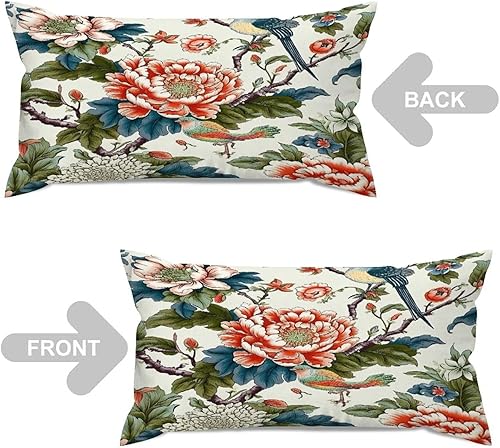 Miniatura 6 de MangGou Chinoiserie - Juego de 2 fundas de almohada lumbares asiáticas de 12 x 24 pulgadas, diseño floral de peonía y pájaro, color azul turquesa