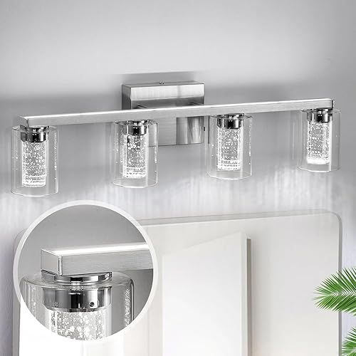 Lámparas de baño, 4 luces de tocador de baño de níquel cepillado, luces LED regulables sobre el espejo, modernas luces de tocador de cristal para