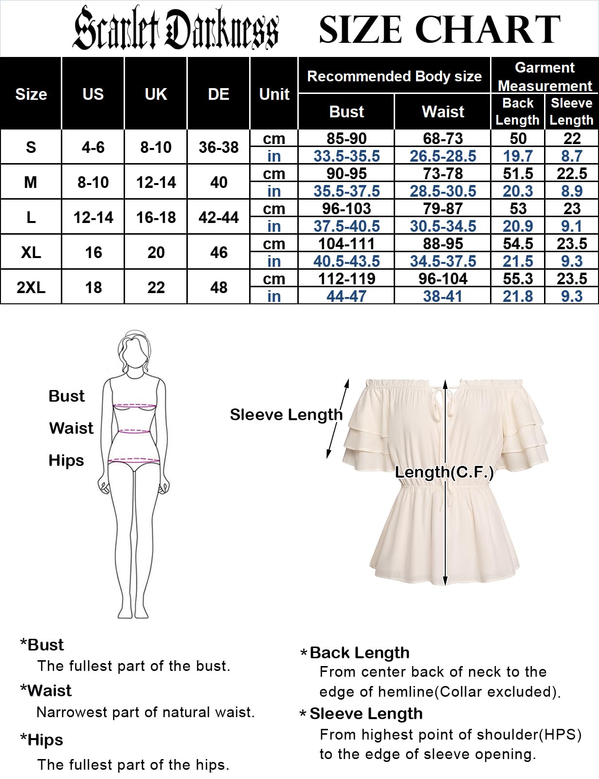 SCARLET DARKNESS Chemise Traditionnelle Renaissance pour Femme Chemise médiévale à Volants et épaules dénudées