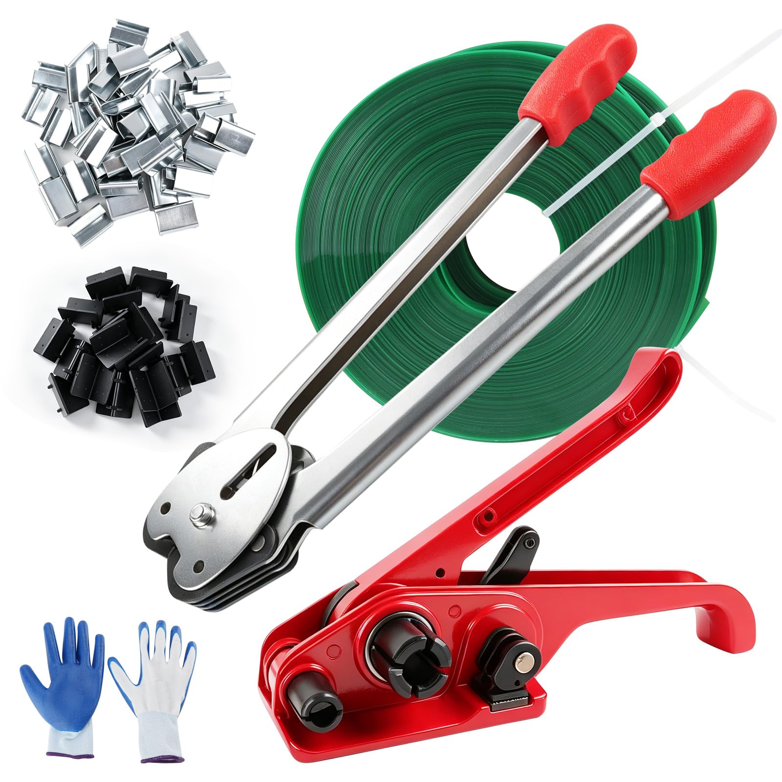 Manuelle Umreifungsset, Umreifungsgerät mit 100m PET-Umreifungsband, 100 Stück Clips, 20 Eckschutz, Handschuhe, Spanner, für 12-19mm PP/PET-Kunststoffverpackungen