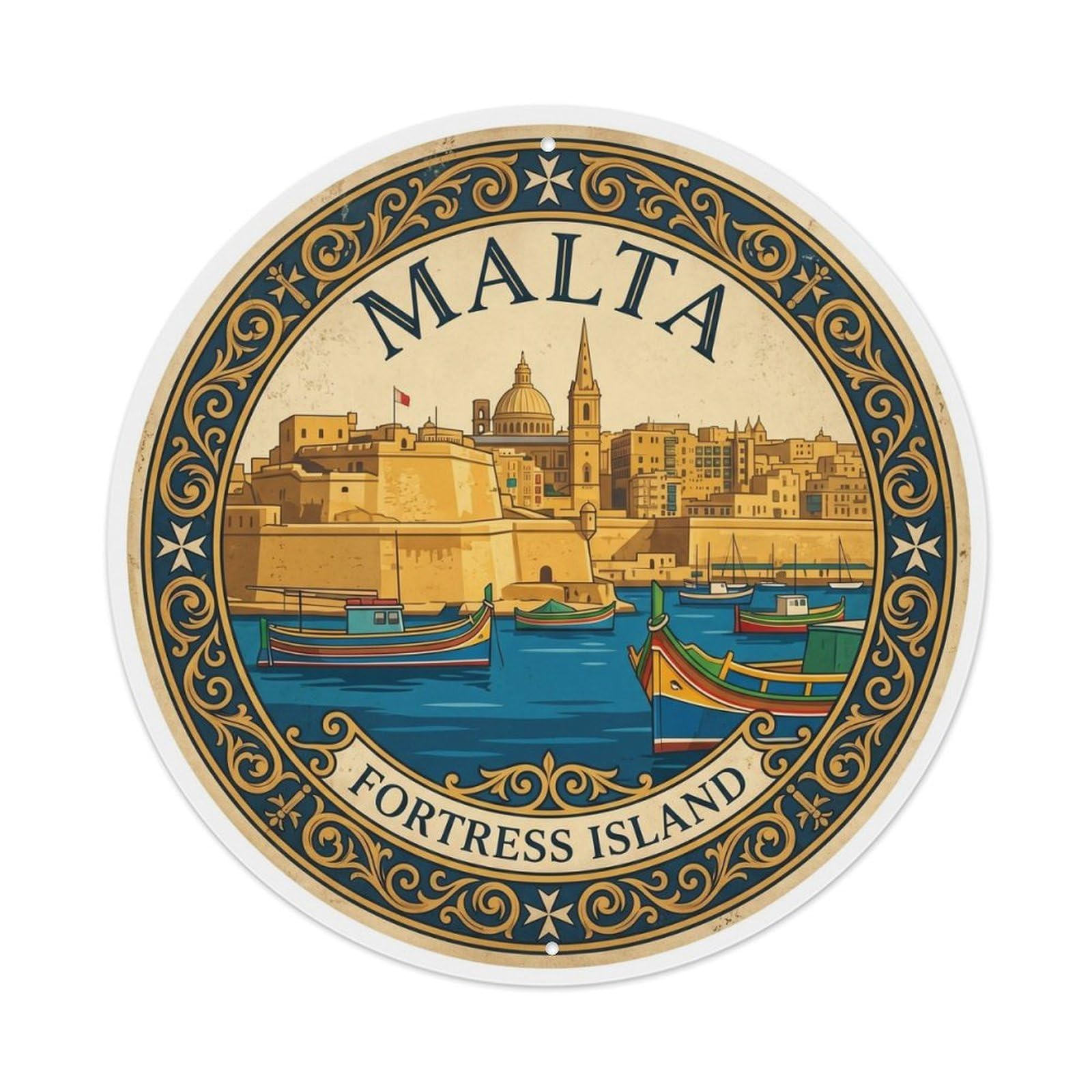 Vintage Travel Malta Valletta Harbor Metal Tin Sign Plaque Wall Decor for Cafe, Club Bar, Office, Home Garden Round Metal Poster 8x8Inch