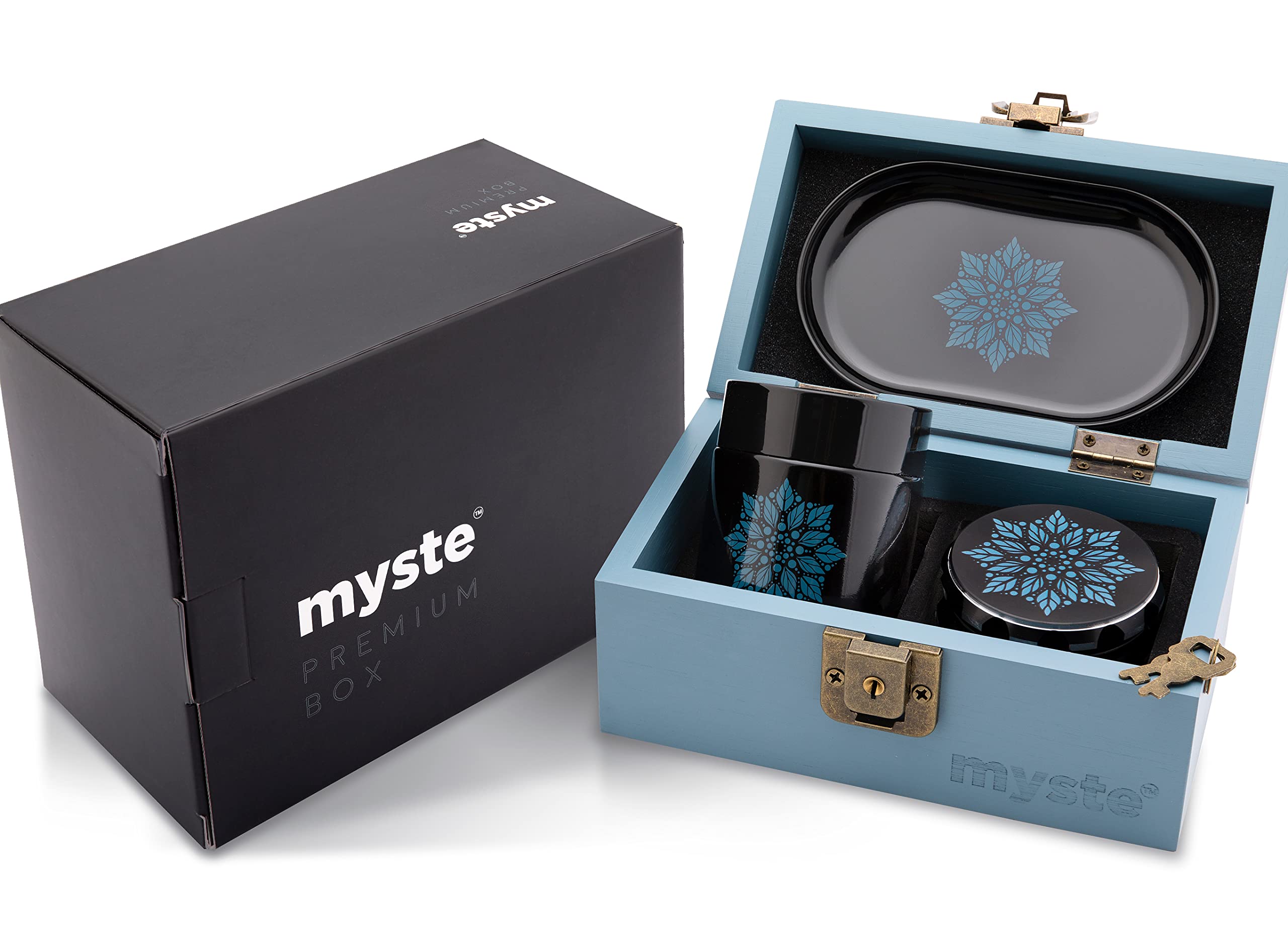 MYSTE BLUE MANDALA Scatola con Accessori, Grande Grinder 63 mm, Set a Prova di Odore, Macina Spezie Grande, Stash Box con Serratura