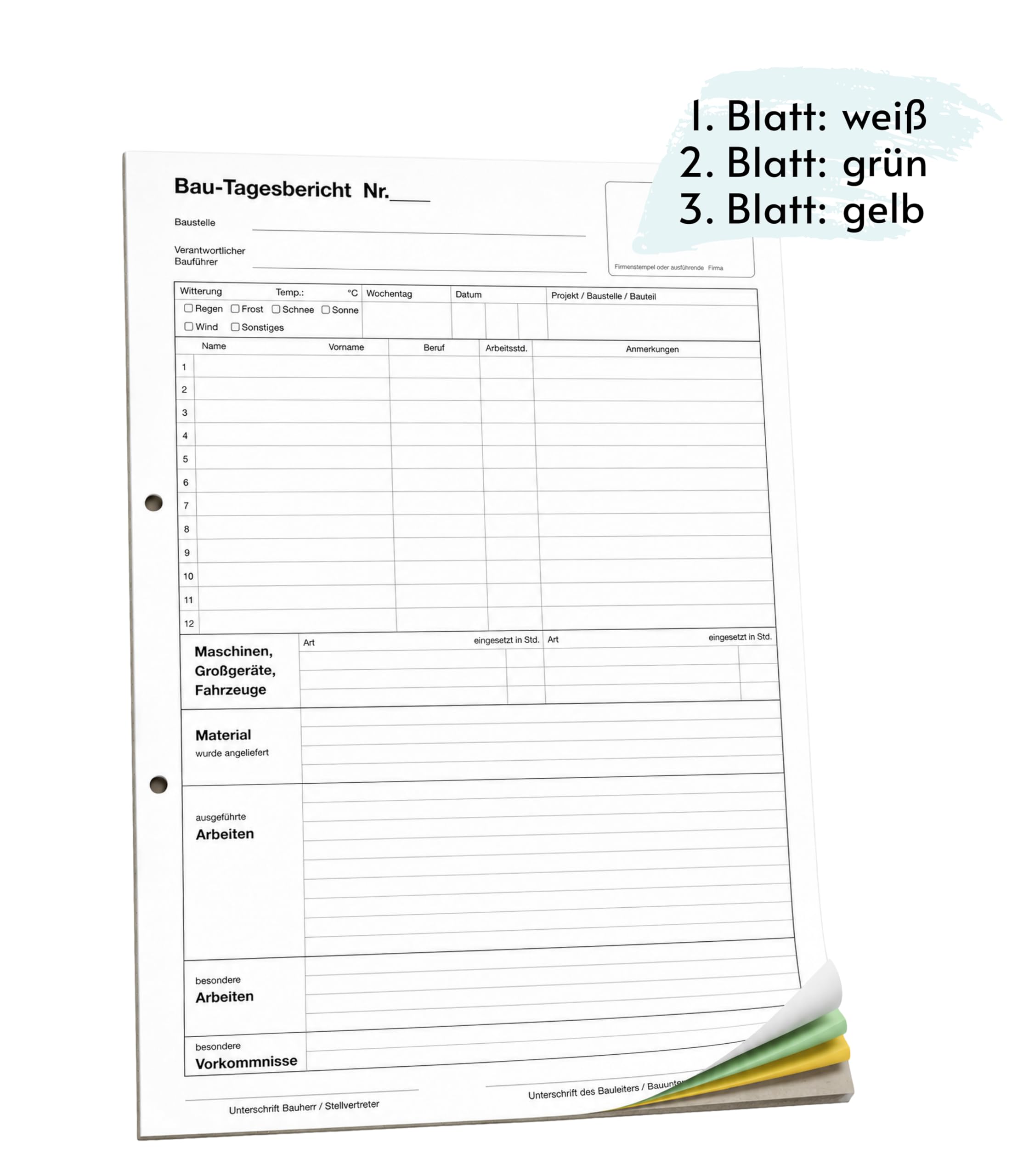10x Bau-Tagesbericht, Baubericht Bautagebuch Regiebericht-Bau DIN A4, 3-fach selbstdurchschreibend, 3x30 Blatt weiß/grün/gelb - gelocht (22205)