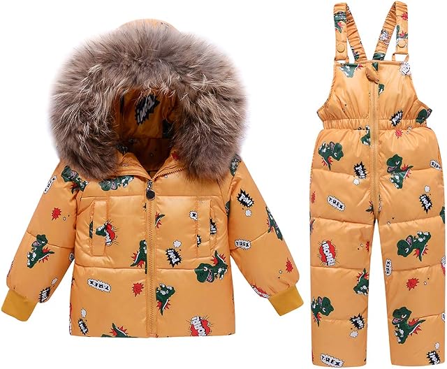 2 Piece Boys Winter Snowsuit, Kids Clothing Sets Girls Hooded Duck Down Jacket + Snow Bib Ski Pants Dinosaur Yellow 18-24 Months