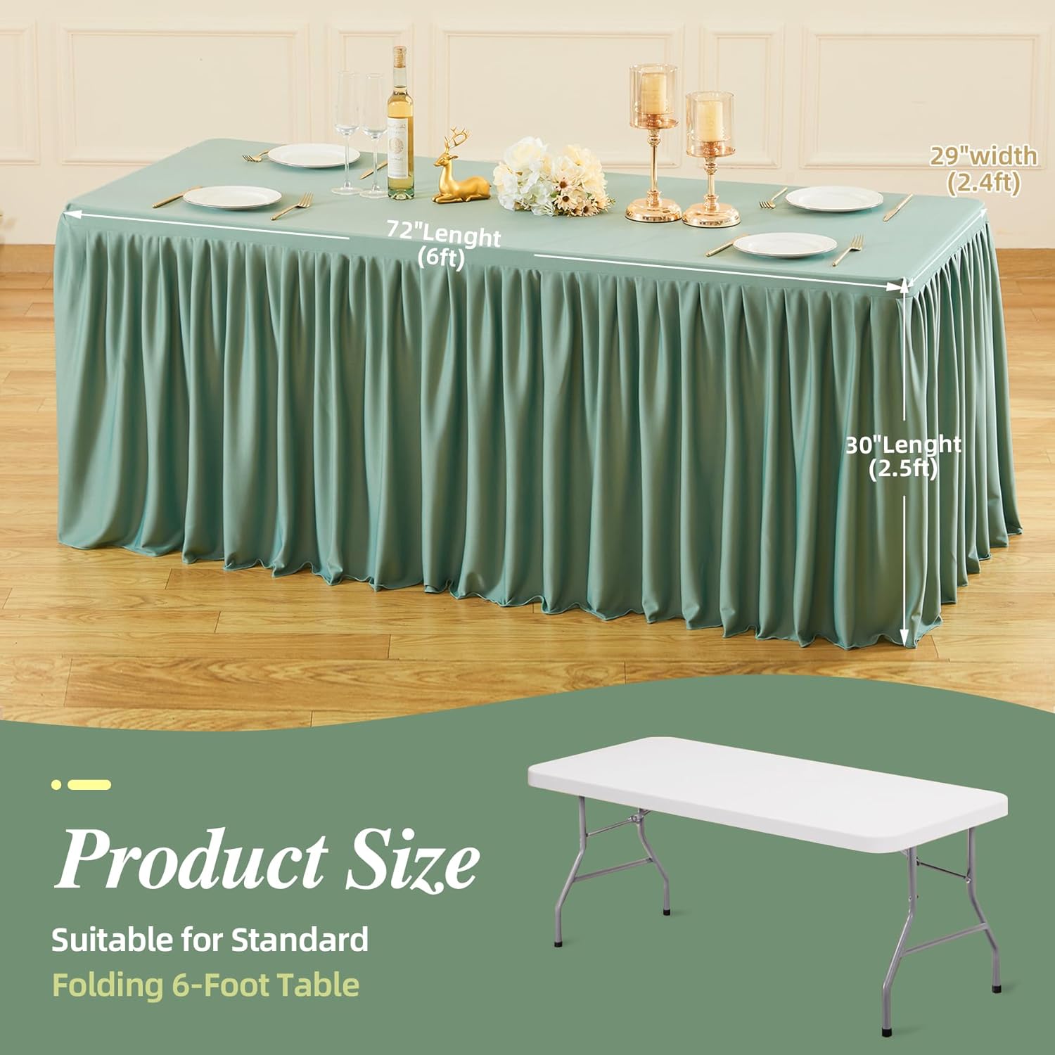 PARTISKY 2 Pack Sage Green Tablecloths for Rectangle Tables 6ft, Wrinkle Resistant Spandex Table Cover Fitted Stretch Table Cloth with Pleated Ruffle Skirts for Party Banquet Dining Birthday Wedding
