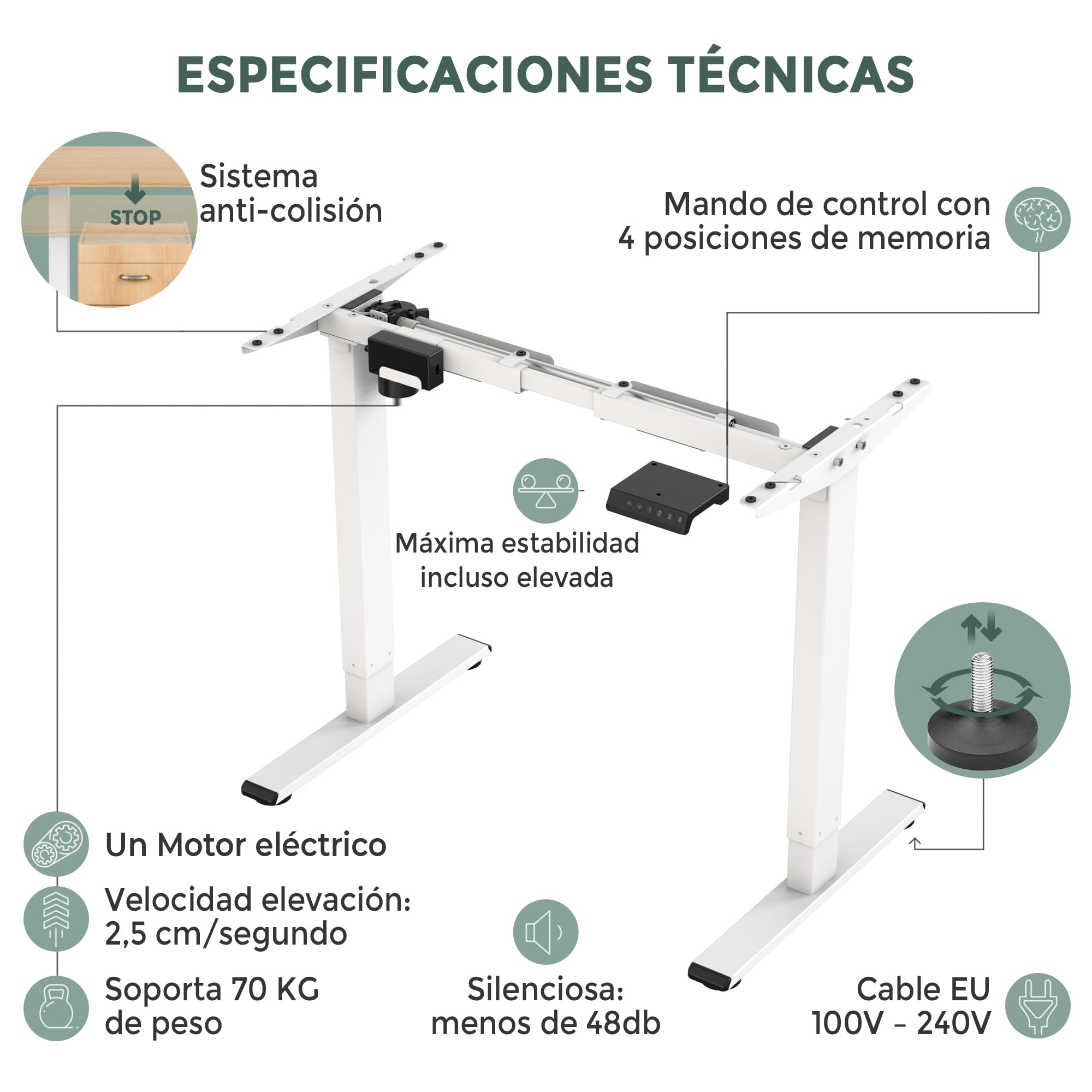 Escritorio Elevable 1 Motor, Blanco, Sin Tablero, Ajustable en Altura 71 a 121cm, Mesa Elevable para Trabajo, Estudio y Juegos