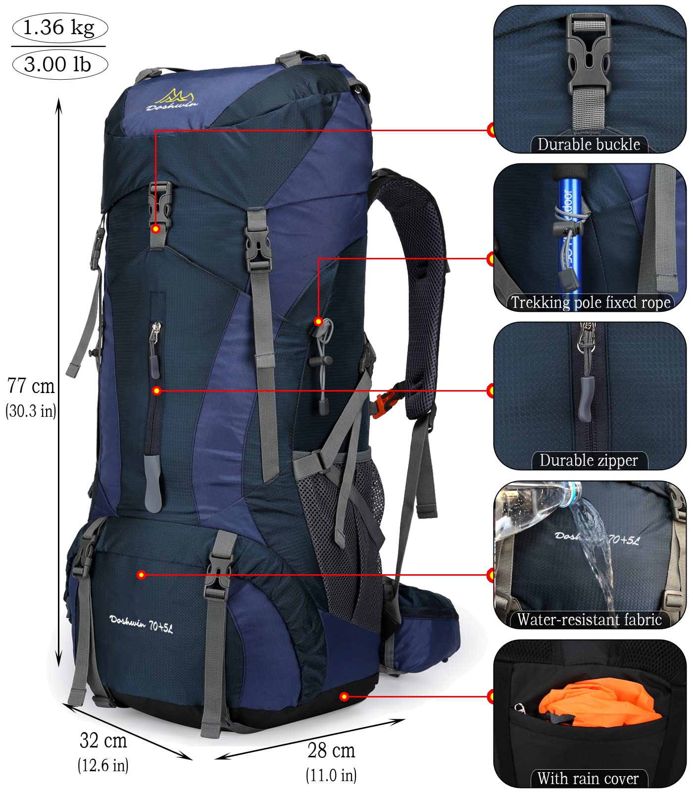 Sac à Dos de Camping Trekking Randonnée 70L avec Housse Imperméable