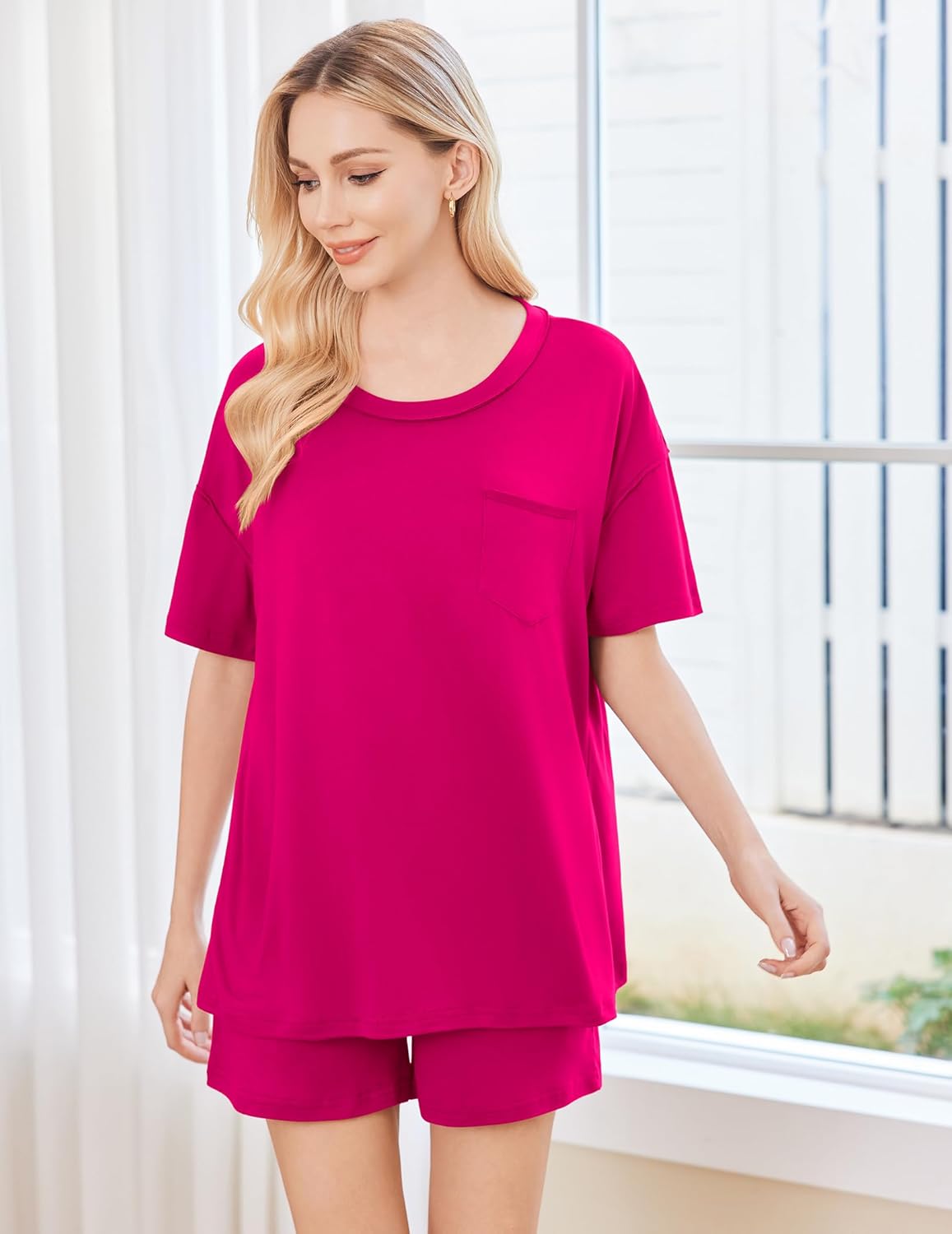 Ekouaer Women's 2 Piece Pajama Sets Short Sleeve Lounge Sets Soft Round Neck Top and Shorts Sleepwear - Image 2