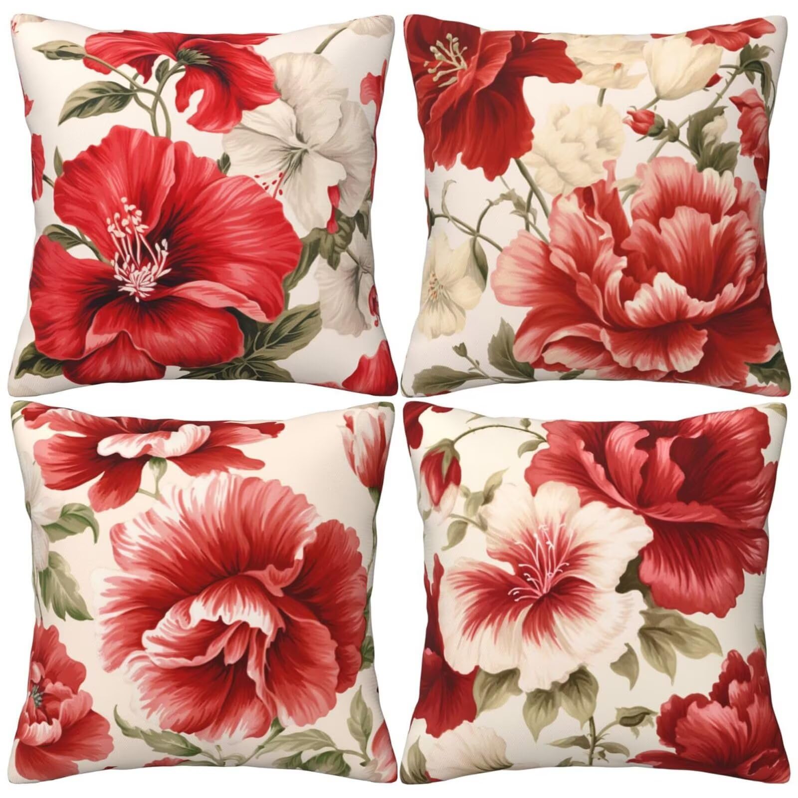 QiHon Cushion Covers 45x45 cm Set of 4 Red Flowers Linen Square Pillow Cases 18x18 inch Modern Decorative Throw Pillow Covers for Sofa Couch Bedroom Home Office with Invisible Zipper