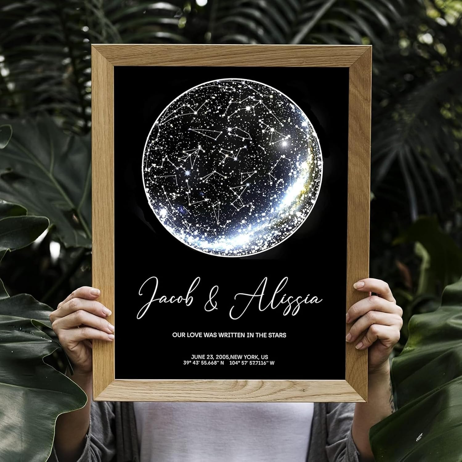 Stampa su tela con mappa stellare personalizzata, cornice inclusa, tema nascita