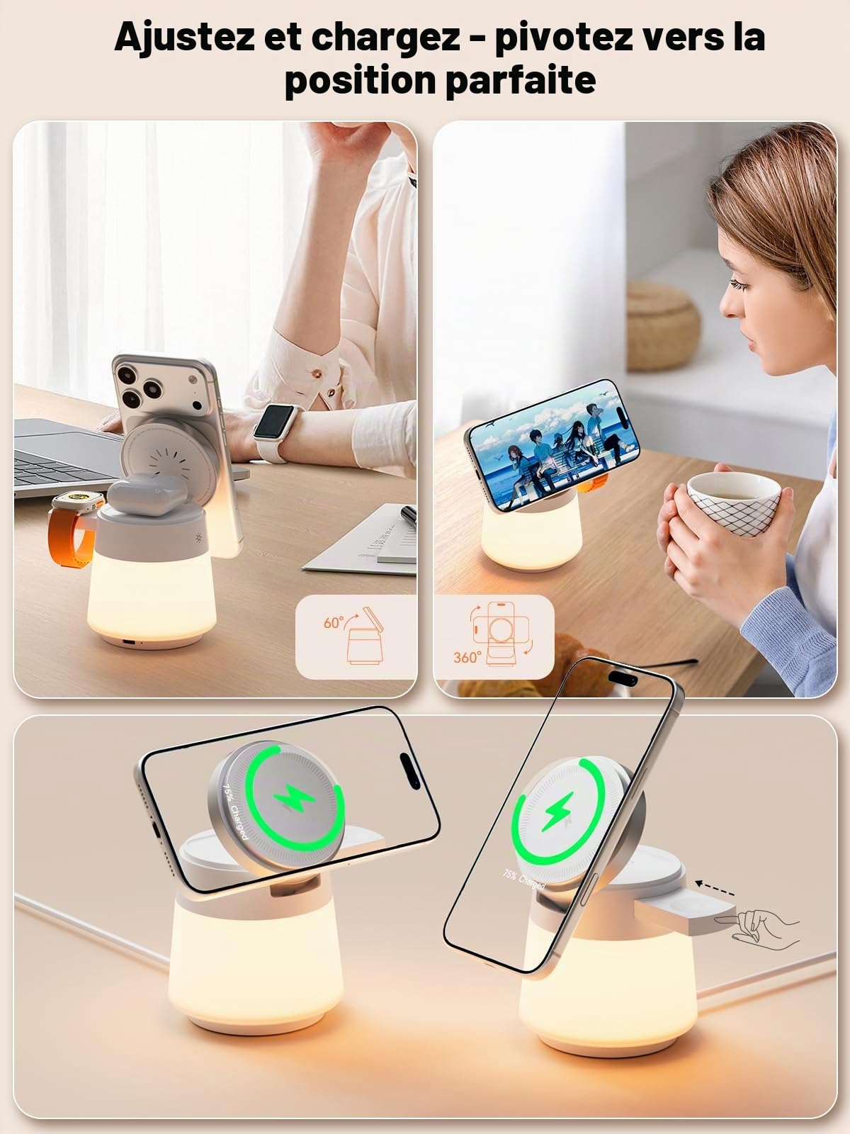 COLSUR Chargeur Induction pour iphone 17, 4 en 1 Station de Charge pour Apple Compatible pour Apple Watch and Air-Pods Chargeurs à Induction pour Téléphones Portables Veilleuse Cadeau Homme Femme
