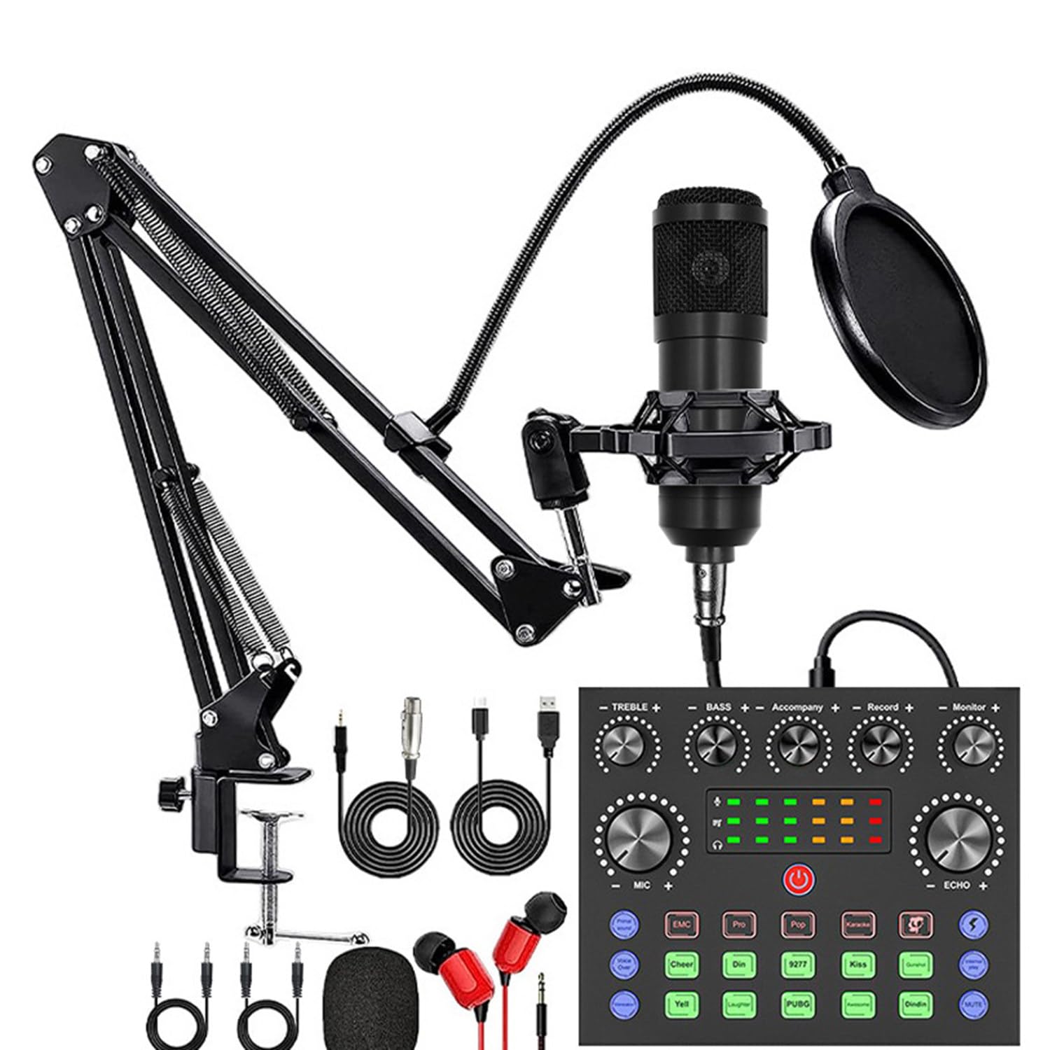 Paquete De Equipo Para Podcast Con Micrófono,Cambiador De Voz,Brazo Articulado,Auriculares Con Cable,Soporte Antivibración Y Filtro Antipop Para Estudio,Canto,Videojuegos Y Transmisiones En Vivo Black