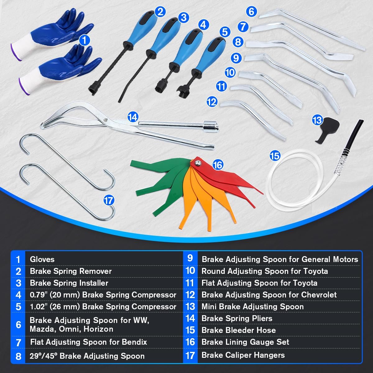 Drum Brake Tool Kit 18PCS Drum Brake Tools Labor-saving Brake Spring Pliers Anti-rust Brake Spring Installer Remover Compressor Brake Adjustment Spoon Brake Pad Gauge Measuring Tool Brake Bleeder Hose
