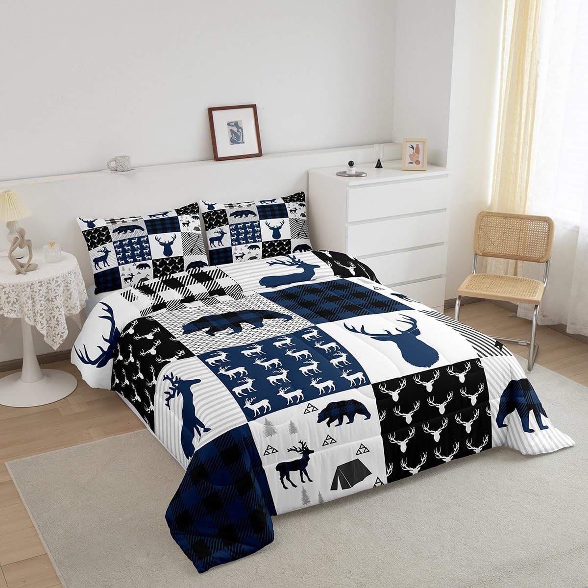 Camping Hunting Comforter Set Full Size, Rustic Cabin Buffalo Comforter Set Deer Elk Comforter Kids Toddler Antler Silhouette Duvet Set with 2 Pillow Case
