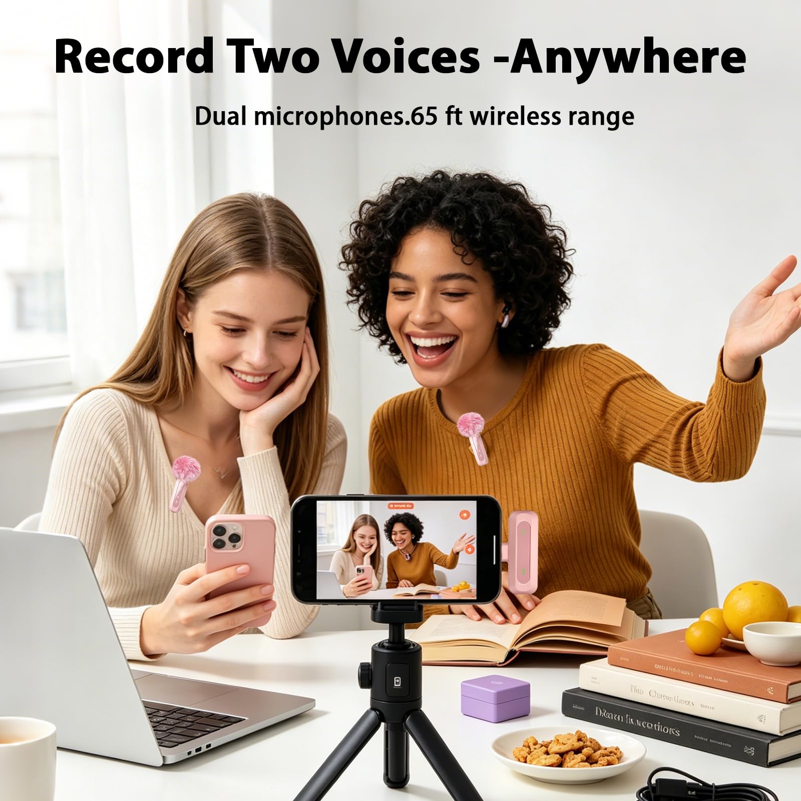 Microfono rosa per iPhone e connettore USB-C, microfono lavalier con cancellazione del rumore, display a LED e clip girevole, ideale per vlog, TikTok e creazione di contenuti