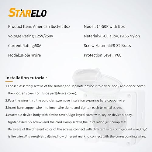 Miniatura 3 de STARELO Caja de toma de corriente RV de 50 amperios, receptáculo NEMA 14-50R 125250 voltios, resistente al polvo y a la intemperie para vehículos