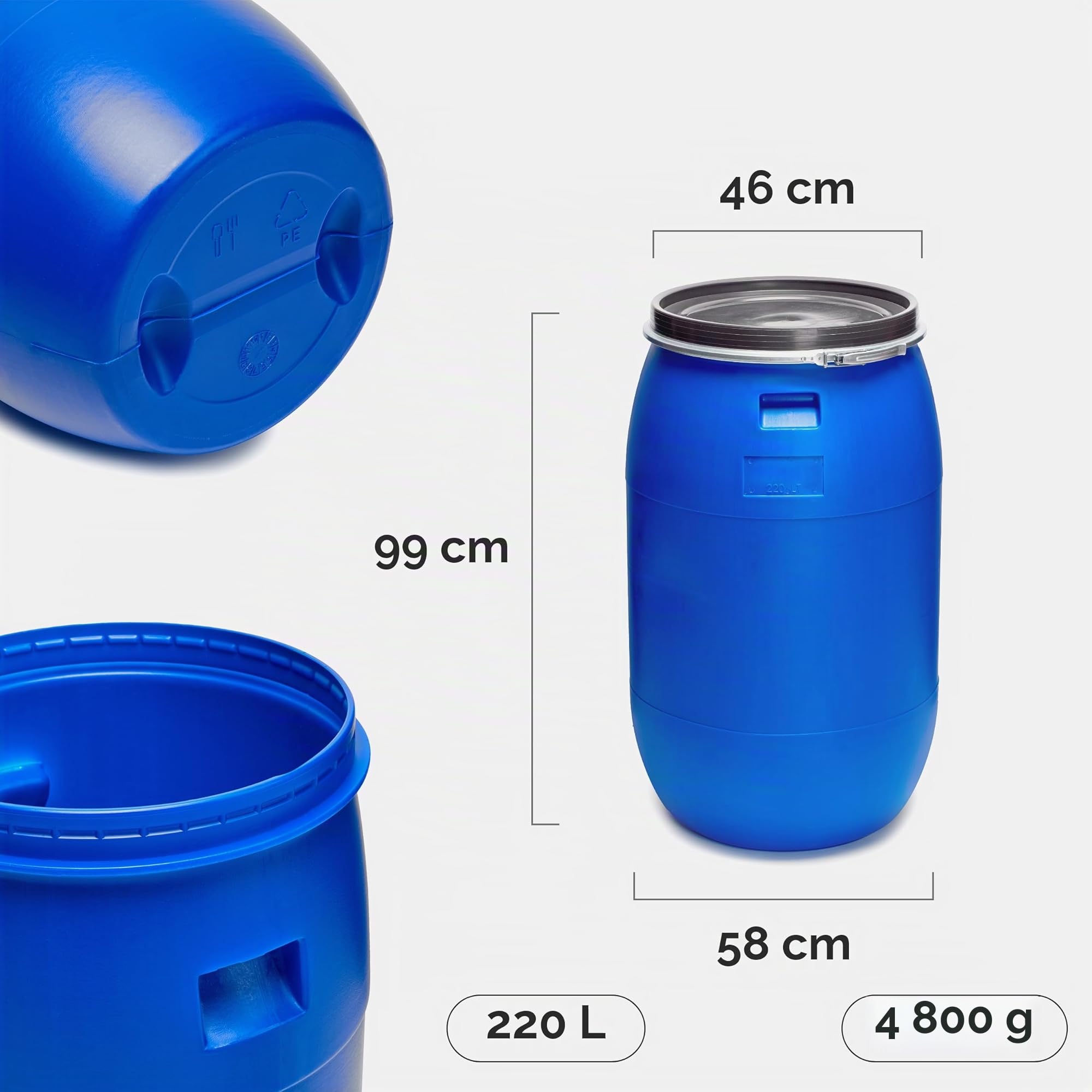 Garronda Lot de 2 réservoir d'eau de 220 L, Baril Alimentaire, fût à Large Ouverture en HDPE et sans BPA, tonneau de Jardin, bac à Aliments pour Animaux, conteneur d'eau, tonneau Universel GD-0078