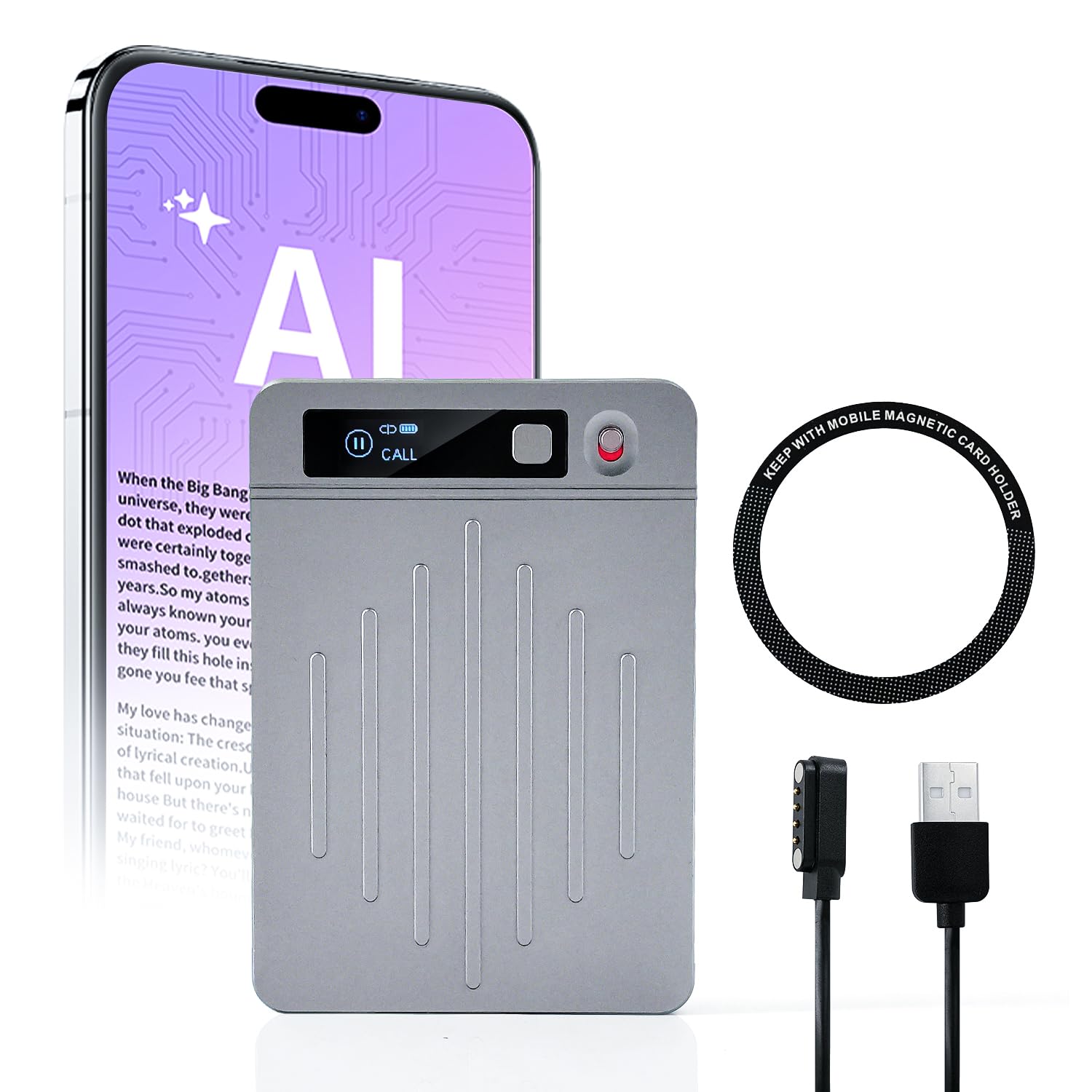 AI Voice Recorder Translator App Control, Transcribe & Summarize with AI Technology, Support Multiple Languages, 64GB, 40H Battery, 10m Pickup, for Lectures, Meetings, Calls, Silver
