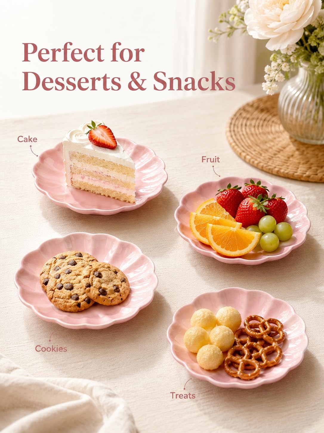 Small Dessert Plates Set of 4,Ceramic Dinner Plates 6 Inch for Appetizer, Fruits, Cake,Microwave Safe,Christmas Gift,Pink image 5