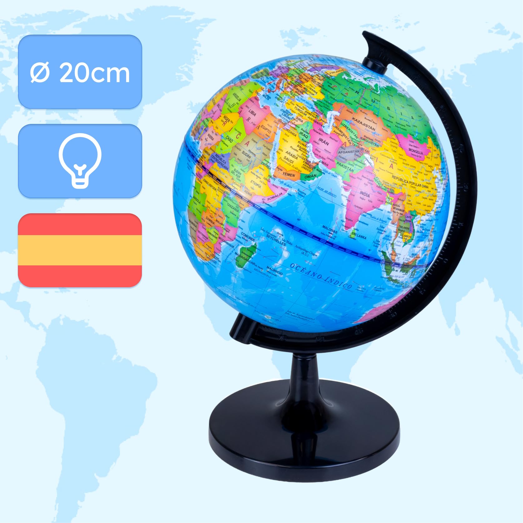 Raylu Paper Globo Terráqueo Azul de 20cm con Luz y Cable USB, Bola del Mundo Iluminada Giratoria en Español con Cartografía y Meridiano, Esfera del Mundo para Aprendizaje y Decorativo (Azul, 20cm)