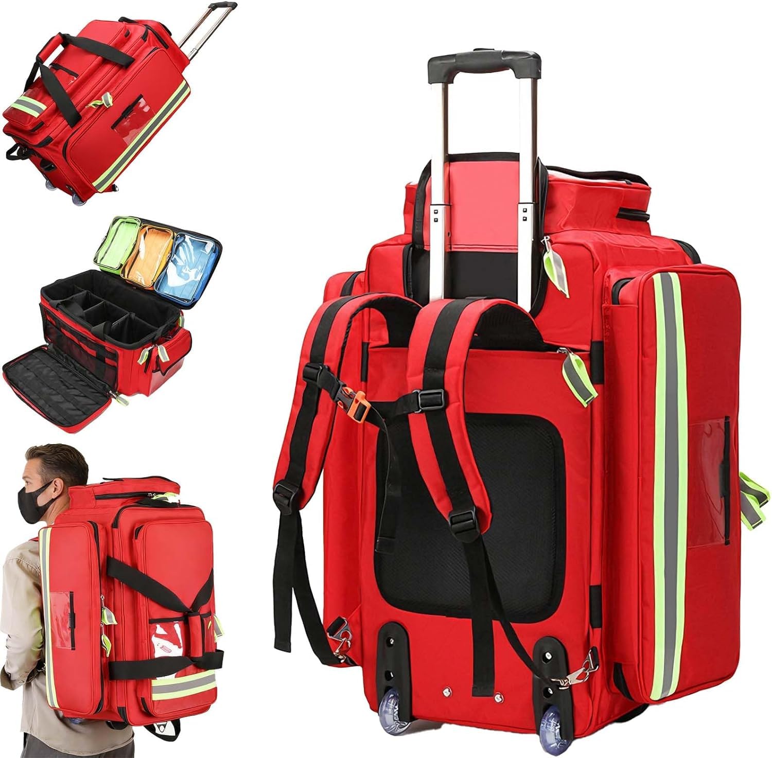 Bolsa de primeros auxilios con ruedas, bolsa de almacenamiento de gran capacidad, tela Oxford 1200D ignífuga, almacenamiento de kits de emergencia con compartimentos, correa de hombro ajustable
