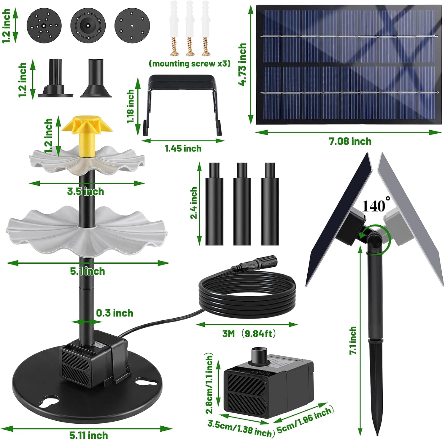 Yeomi Solar Fountain, Upgrade 2.8W 9V Solar Bird Bath Fountains with 4 Nozzles, Adjustable Water Flow, Solar Fountain for Bird Bath, Small Pond, Patio, Garden Water Feature Decoration