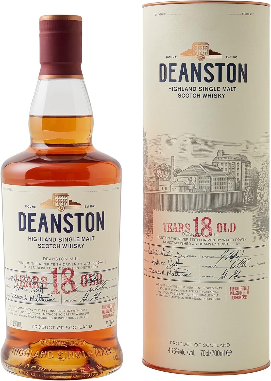 Deanston 18 Year Old Single Malt Scotch Whisky| 46.3% vol | 70cl | Waxy, aromatic and spiced Scottish Whisky | Highland Single Malt Whisky​