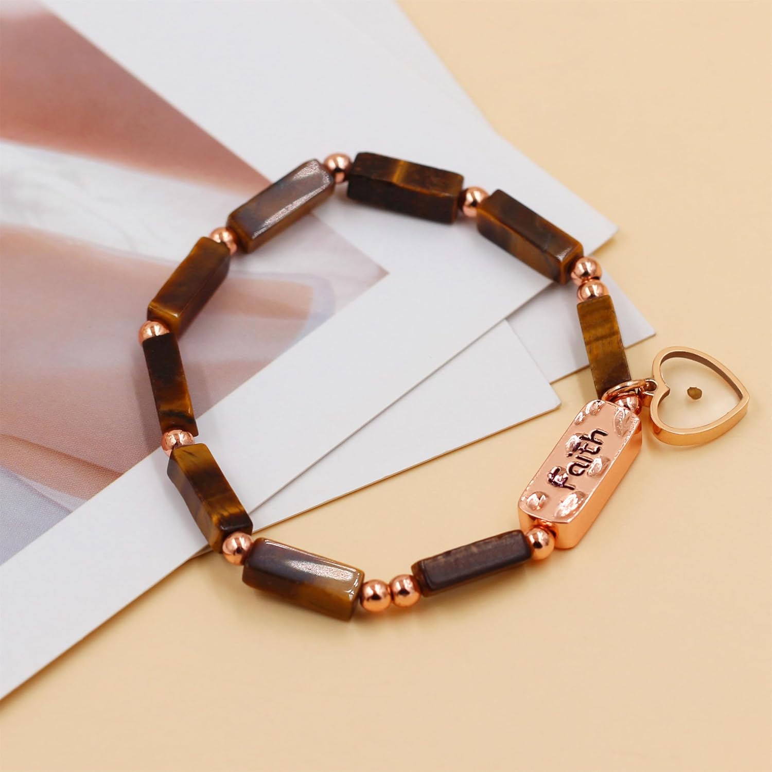 Heart Mustard Seed Charm Elastic Cord Strand Bracelet for Christian, Religious Rectangular Bar Stone Beaded Faith Bracelet for Women YA4856 - Image 3