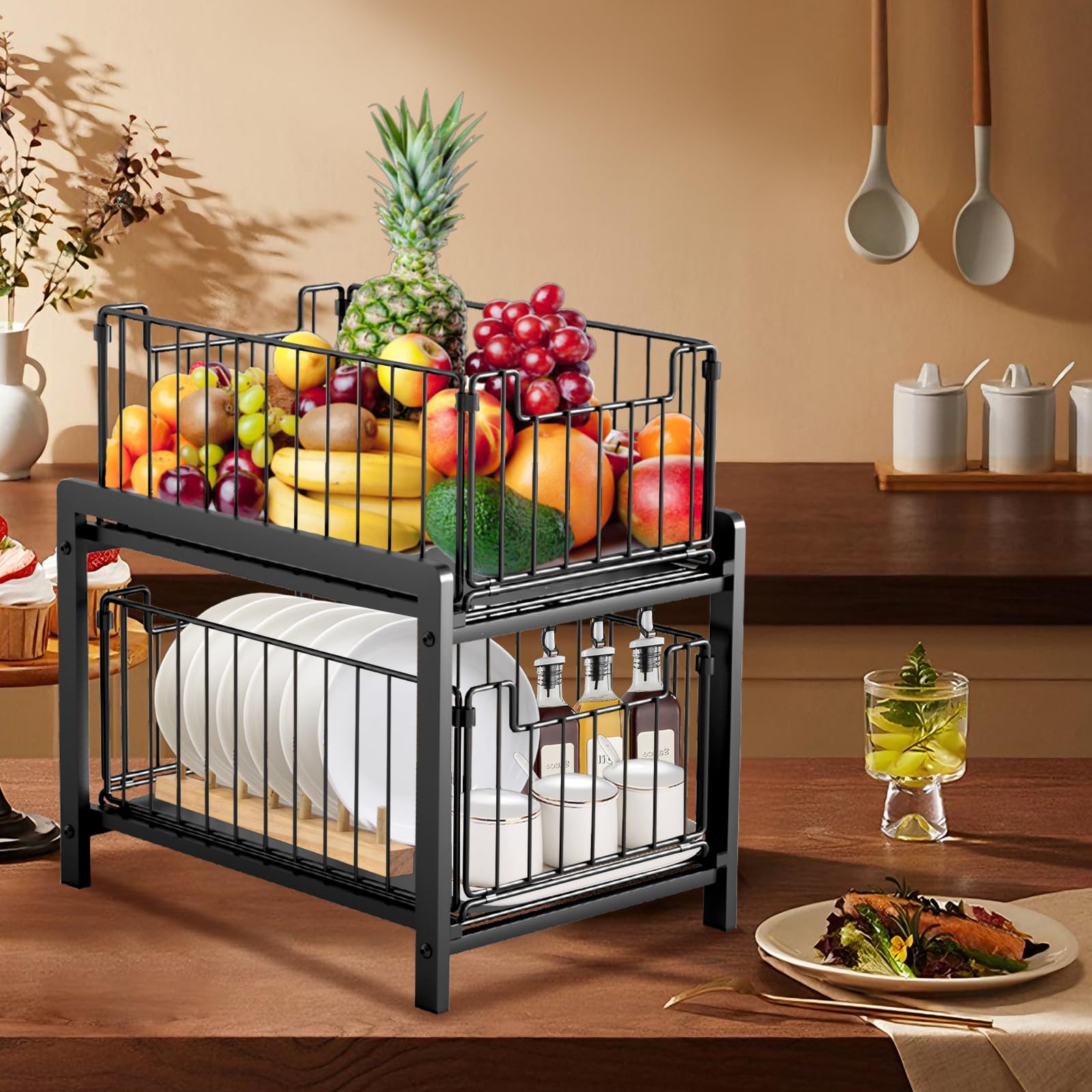 HUOLE Rangement sous Evier, Organisateur D'Armoires De Cuisine pour Armoires de Cuisine, Bac Coulissant Placard Cuisine, Organisateur de Tiroirs,26 x 37 x 38,5 cm (Noir)