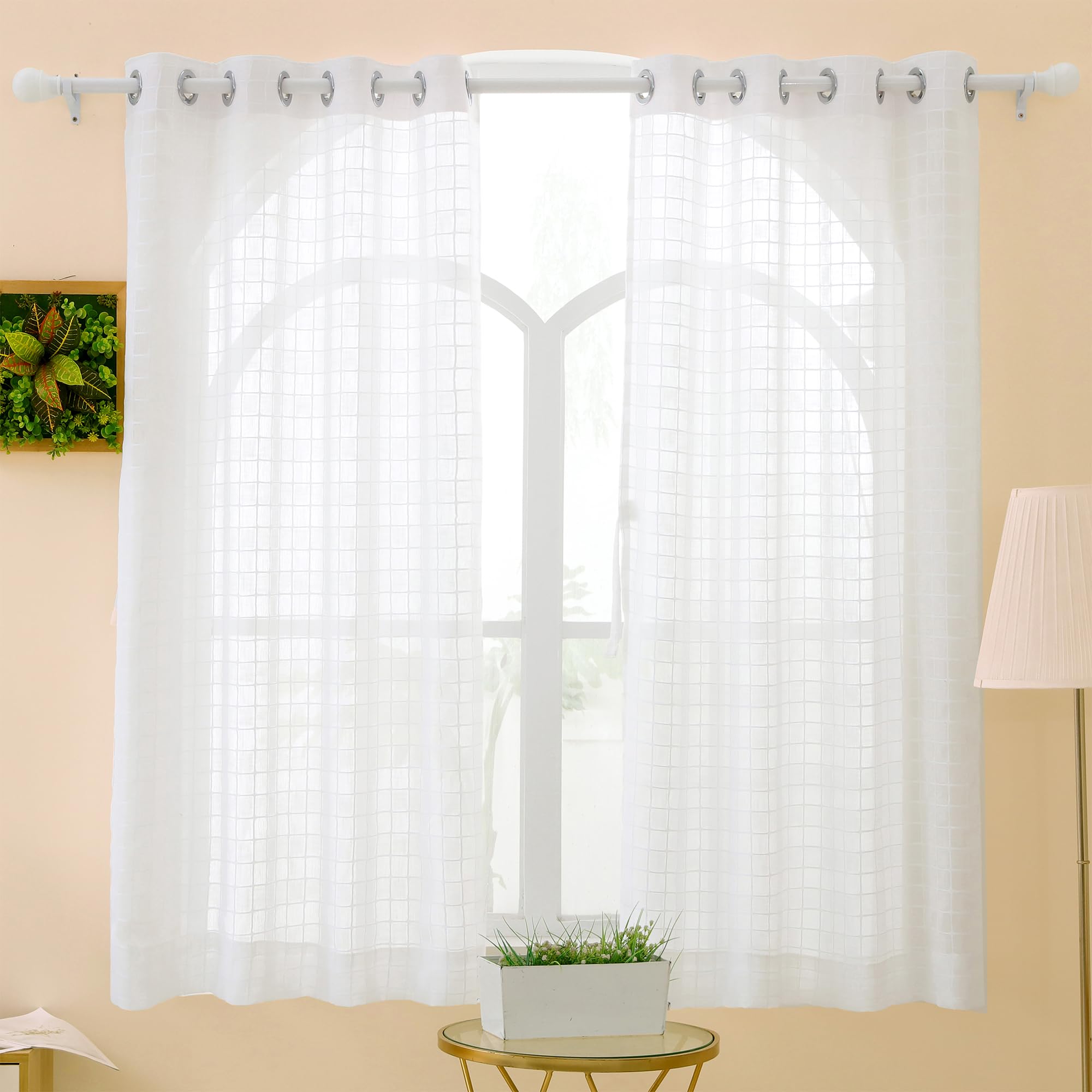 Story@Home Cotton Window Curtains 5 Feet Long Set of 1 | Checkered Print | Semi Transparent Curtain | Net Curtains | Sheer Curtain for Living Room | (118 X 152 Cm, White) | Perfect for Home Decor