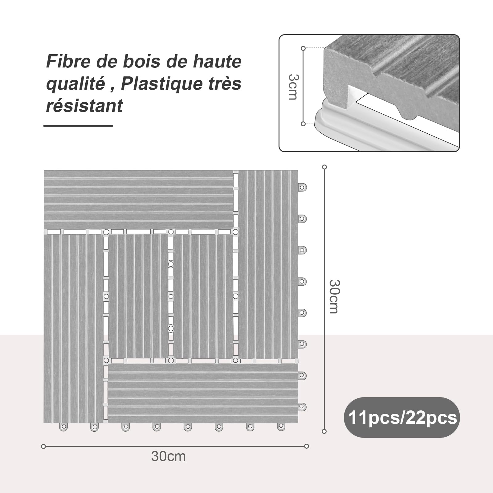 Laneetal Lot de 11 Carreaux de Terrasse à Lattes en WPC, Carreaux Extérieur pour Jardin, Dalle de Terrasse Clipsable en Composite à Emboîtement, Patio, Balcon, 30x30cm, Effet Bois, Gris clair
