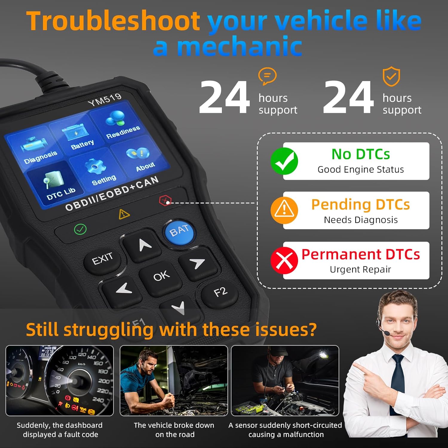 FX519 OBD2 Scanner Code Reader, 2-in-1 Diagnostic Tool & 12V Battery Tester, Check Engine Light Reset, Emissions Readiness, Real-Time Data, Plug & Play for 1996+ OBDII Cars