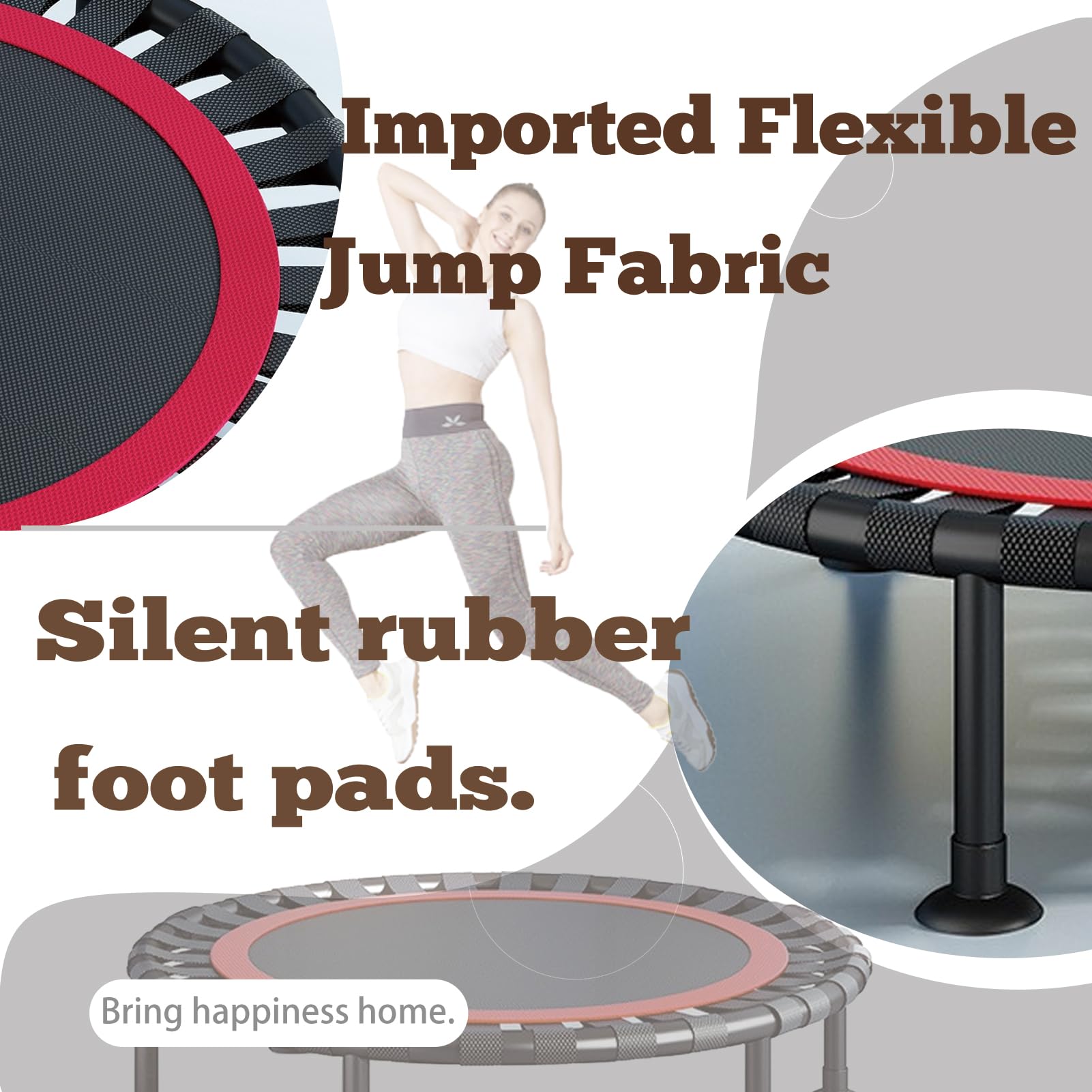 Składana trampolina fitness, 105 cm, cicha, gumowa lina, zawieszenie, regulowany uchwyt o wielu wysokościach, nośność do 300 kg, idealna do treningów domowych