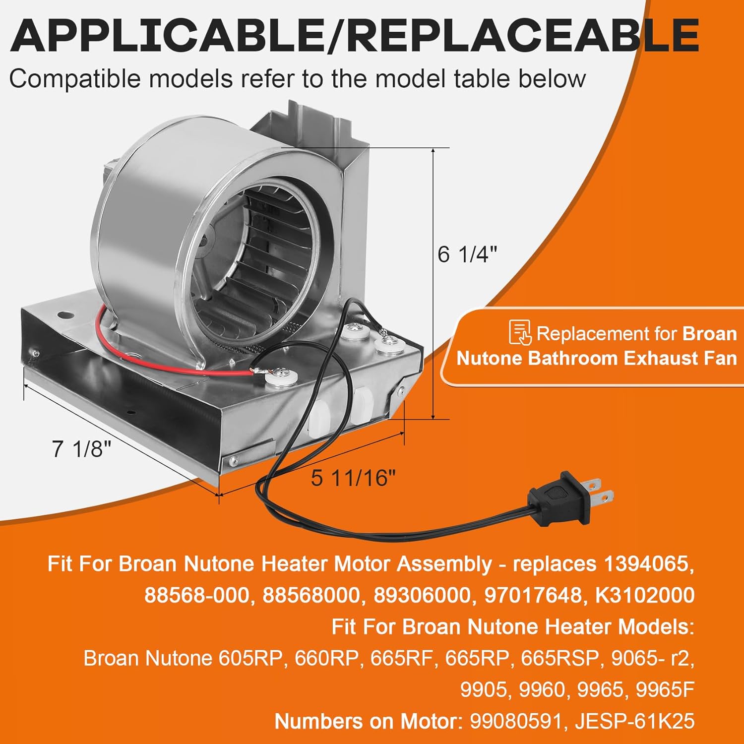 S97017648 Heater Motor Assembly, S97017648 Fan Replacement for Broan NuTone 665RP 605RP 9965 660RP 9905 665RSP, 97017648 Bathroom Exhaust Fan Motor for NuTone Heater