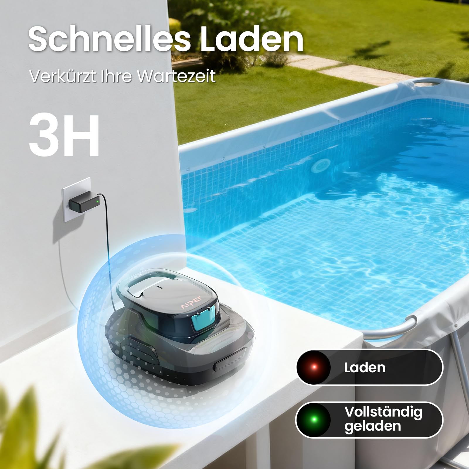 AIPER Poolroboter Kabelloser Poolsauger mit 90 Min Laufzeit Intelligentes Auto Parking Plus Leichtes Design Ideal für Bodenpools bis 80 m²