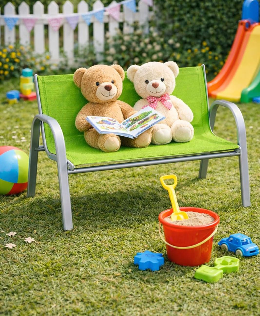 Hline Kinderbank Gartenbank für 2 Kinder 2-Sitzer Bank (Grün)