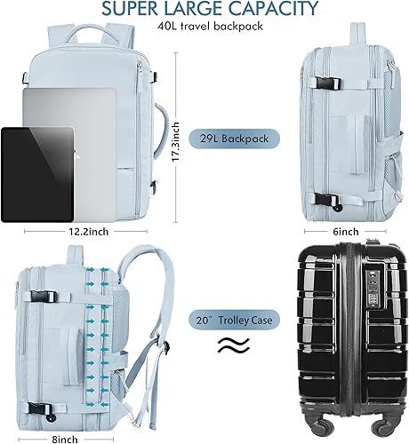 Miniatura 8 de Mochila de viaje de cabina aprobada por aerolíneas Beraliy para hombres y mujeres, Azul-claro, X-Grande, Mochilas de viaje