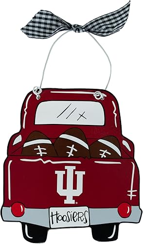 Magnolia Lane - Adorno de madera de los Indiana University Hoosiers Pick-up Truck, balones de fútbol y logotipo del equipo con cinta a cuadros por
