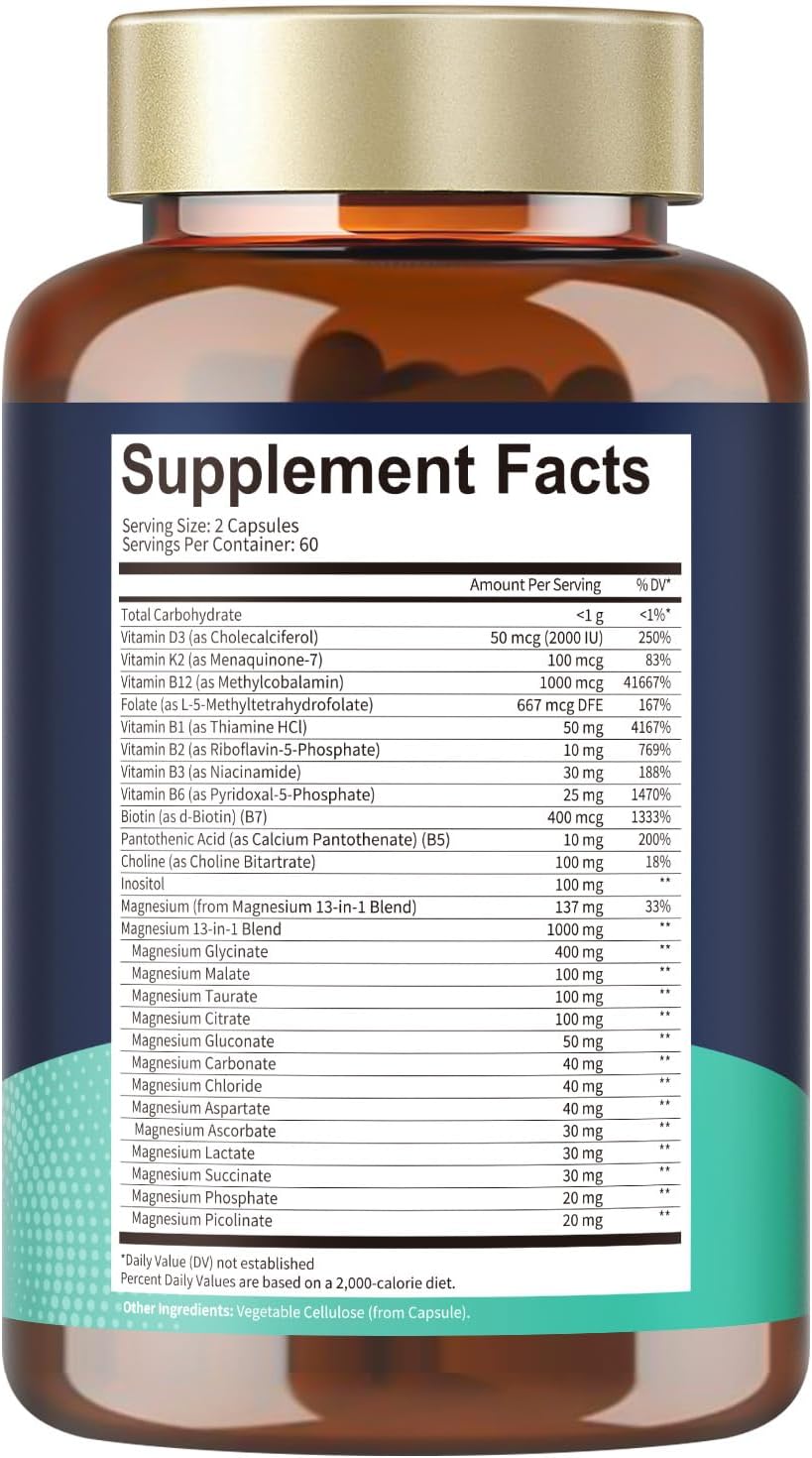 25-in-1 Magnesium Complex with Methylated B Complex Magnesium Glycinate Citrate Malate Taurate Gluconate Aspartate Carbonate D3 K2, Magnesium Supplement for Relaxation Energy & Nerve, 120 Vegan Caps - Image 9