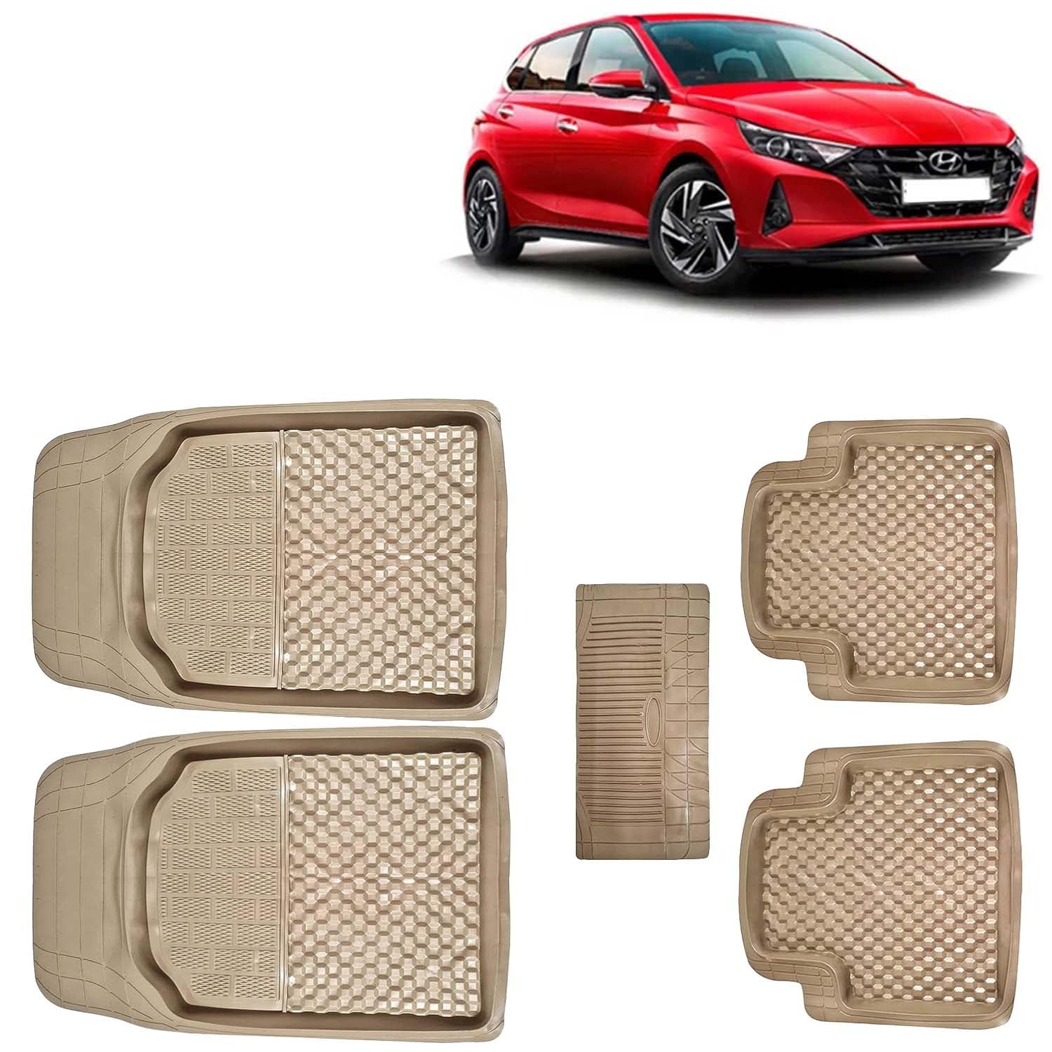 KINGSWAY 3G PVC Rubber Car Foot Mats Compatible with Hyundai I20 (Year 2020 Onwards), Universal Size Floor Mat, Complete Set of 5 Pcs, Waterproof and Washable, Beige Color