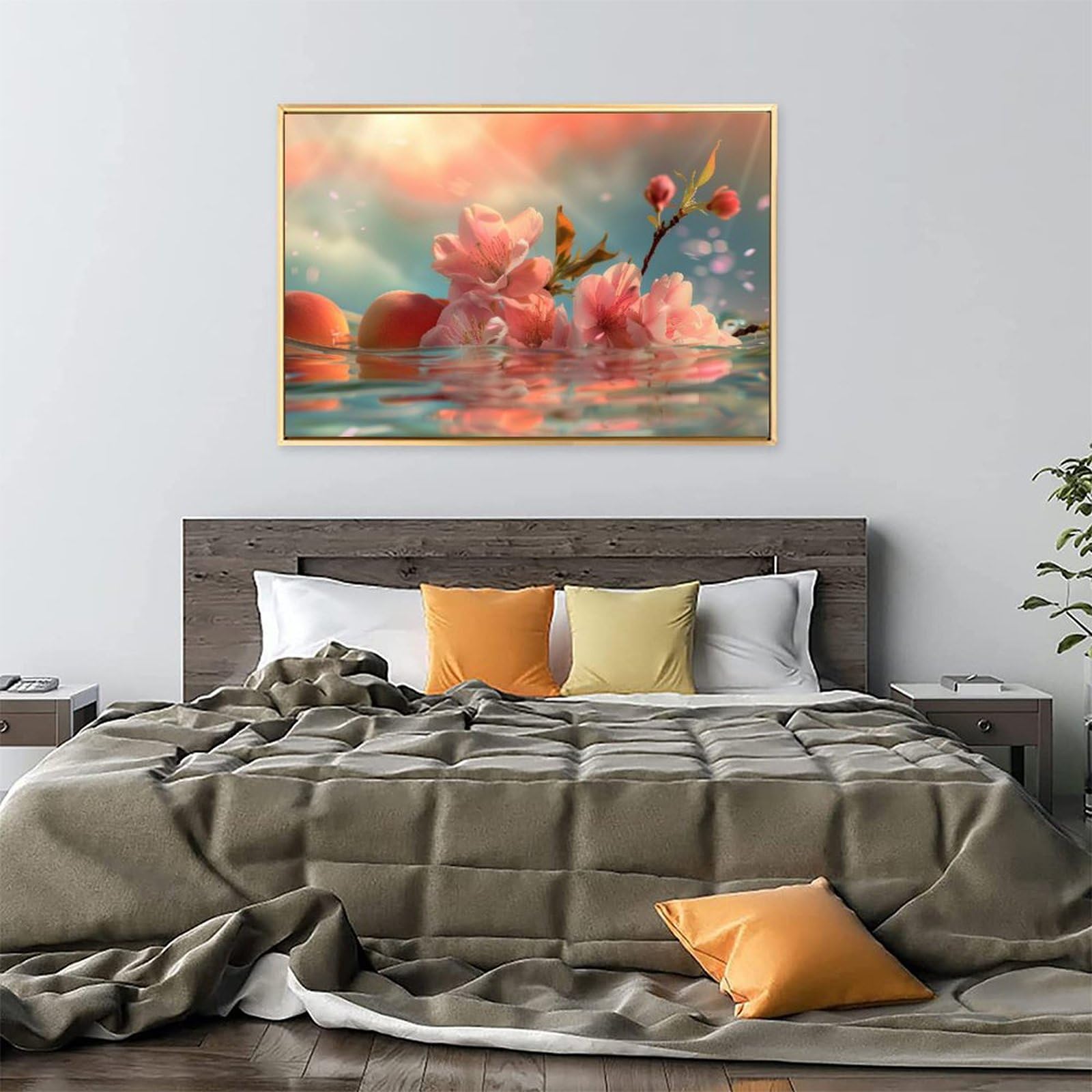 Amazon.co.jp: 絵画 水に浮かぶ桃と桃の花 アートパネル
