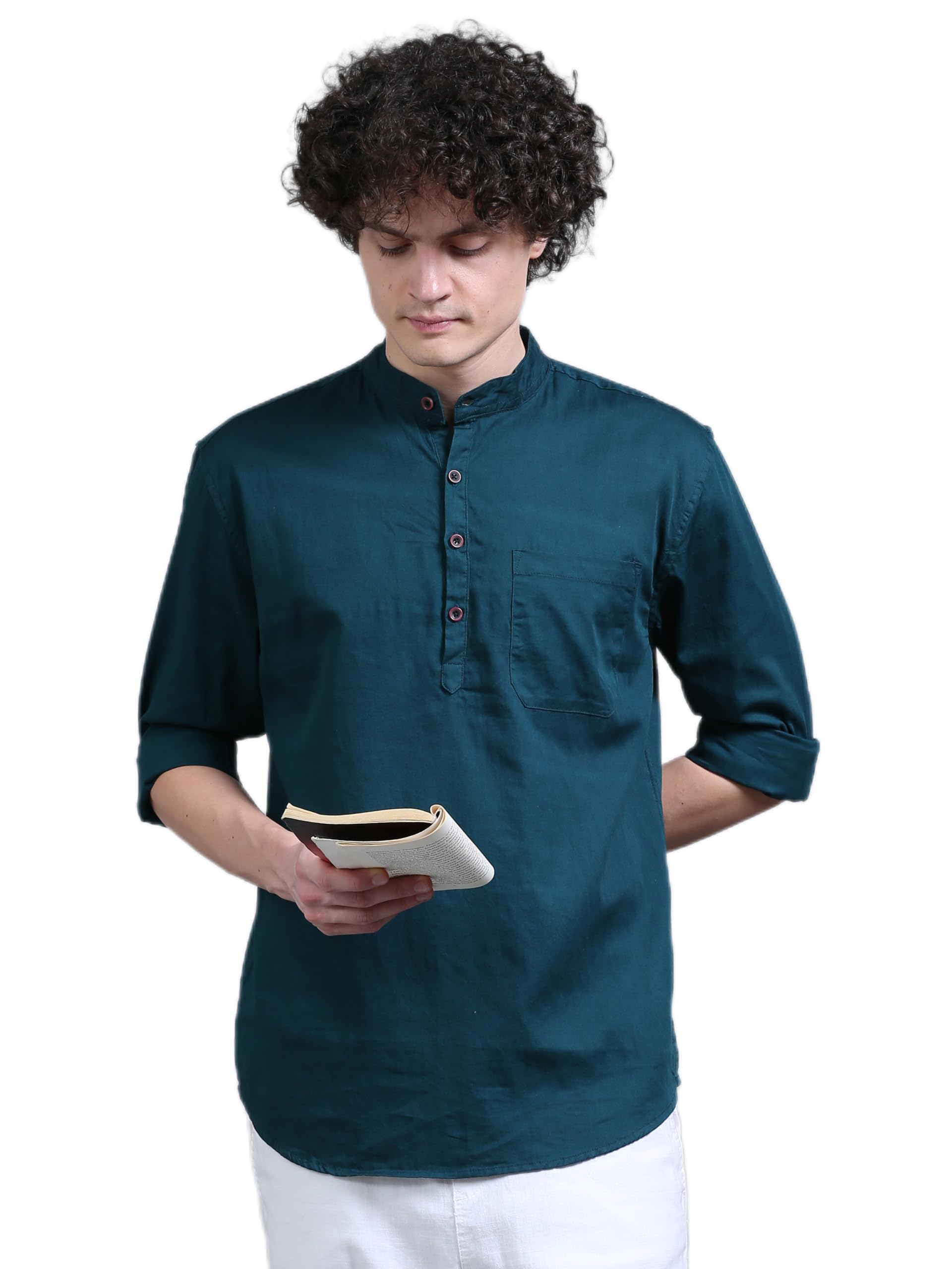 proword Cotton Polyester Blend Solid Casual Regular Fit Mandarin/Chinese Collor Short Kurta for Men-picture-53