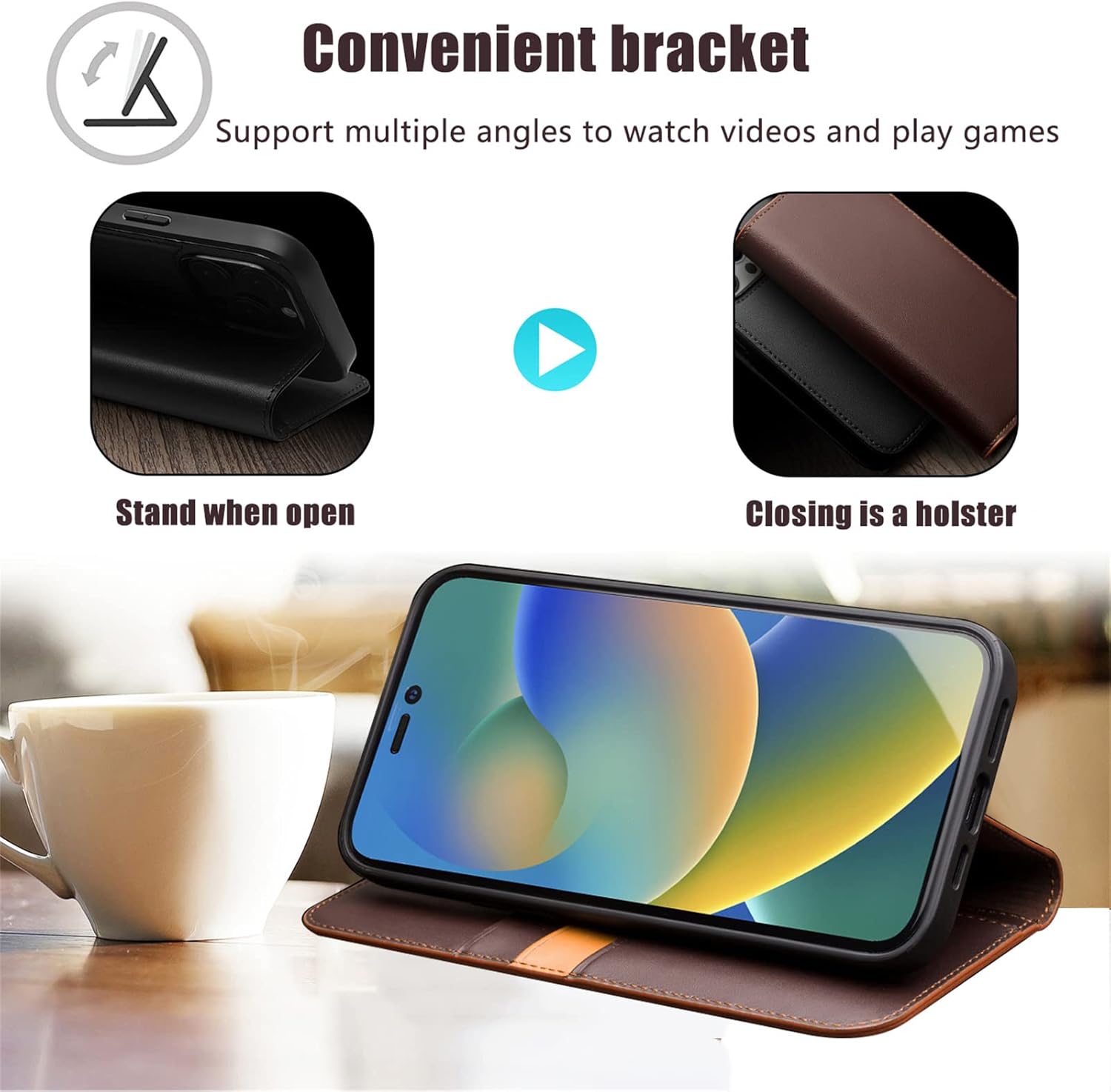 Genuine Leather Case for iPhone 15/15 Plus/15 Pro/15 Pro Max, Wallet Flip Folio Cell Phone Case [Cards Holder] [Kickstand] Full Protection Shockproof TPU Shell