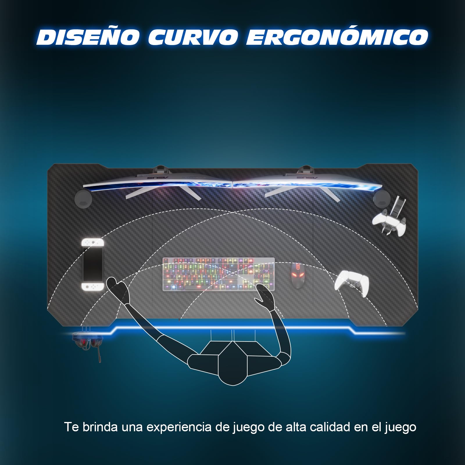 TRIUMPHKEY Mesa Gaming 120 x 60 cm, Escritorio Gaming en Forma de Z Ergonómica, Mesa Gamer de Fibra de Carbono, Mesa para Ordenador con Gancho para Auriculares, Negro